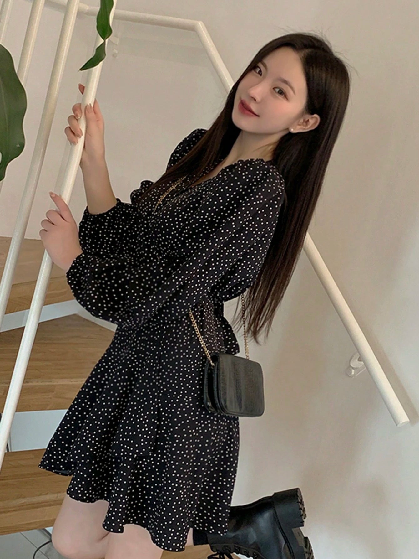 DAZY Vestido Feminino de Manga Bufante com Decote em V, Vestido Longo de Manga Comprida para o Outono