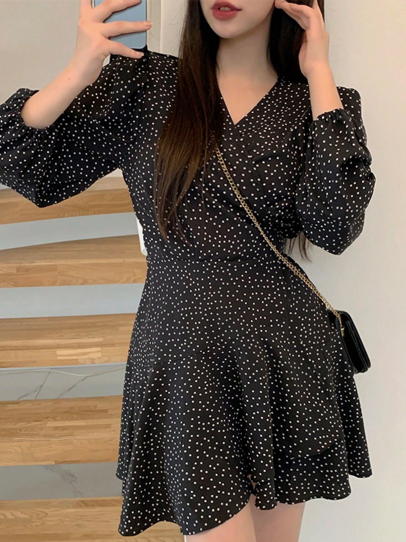 DAZY Vestido Feminino de Manga Bufante com Decote em V, Vestido Longo de Manga Comprida para o Outono