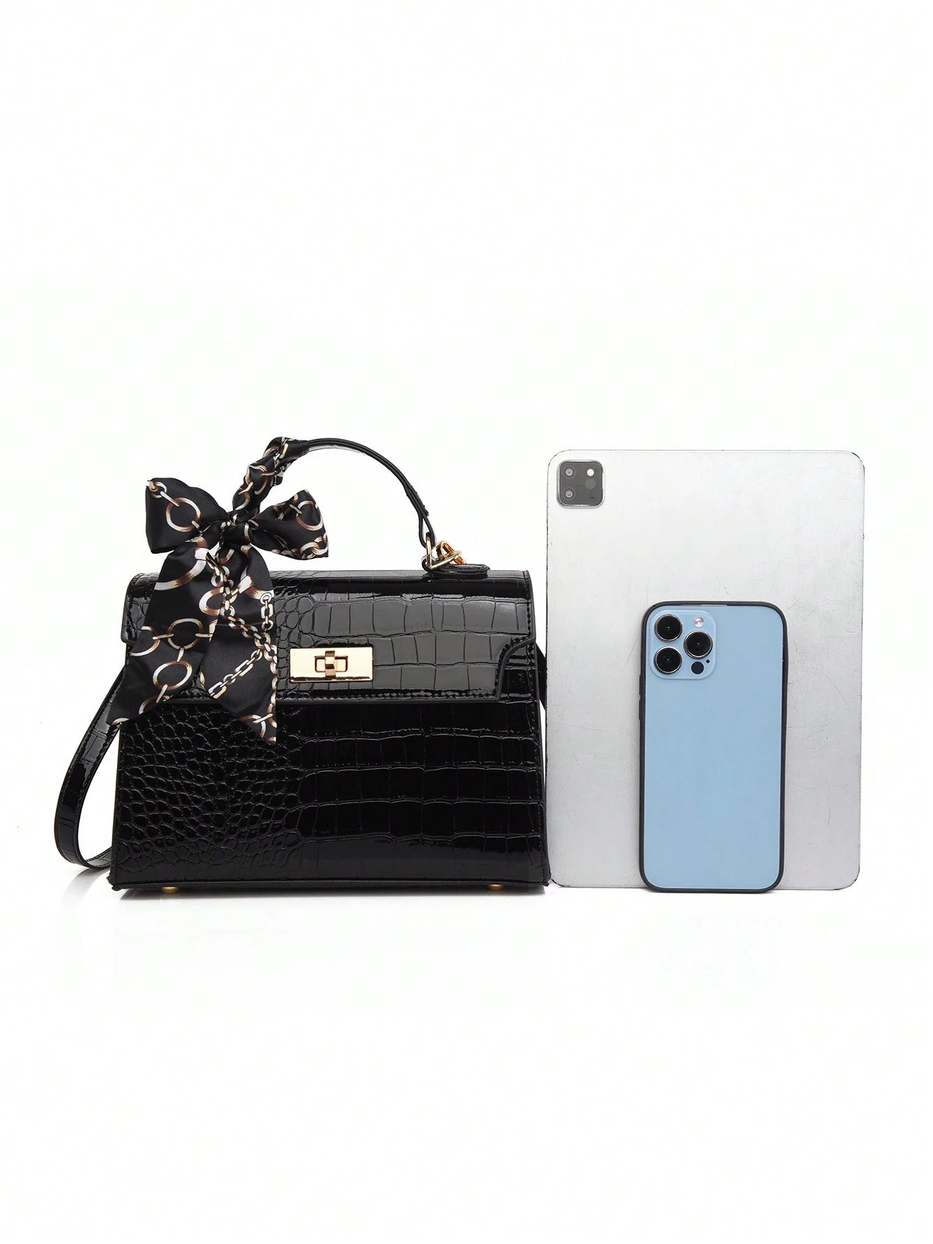 Nova Bolsa Feminina Padrão Crocodilo Brilhante, Grande Capacidade, Moda e Elegante, Acompanha Lenço Estiloso, Pode Ser Usada Como Bolsa de Ombro, Preta