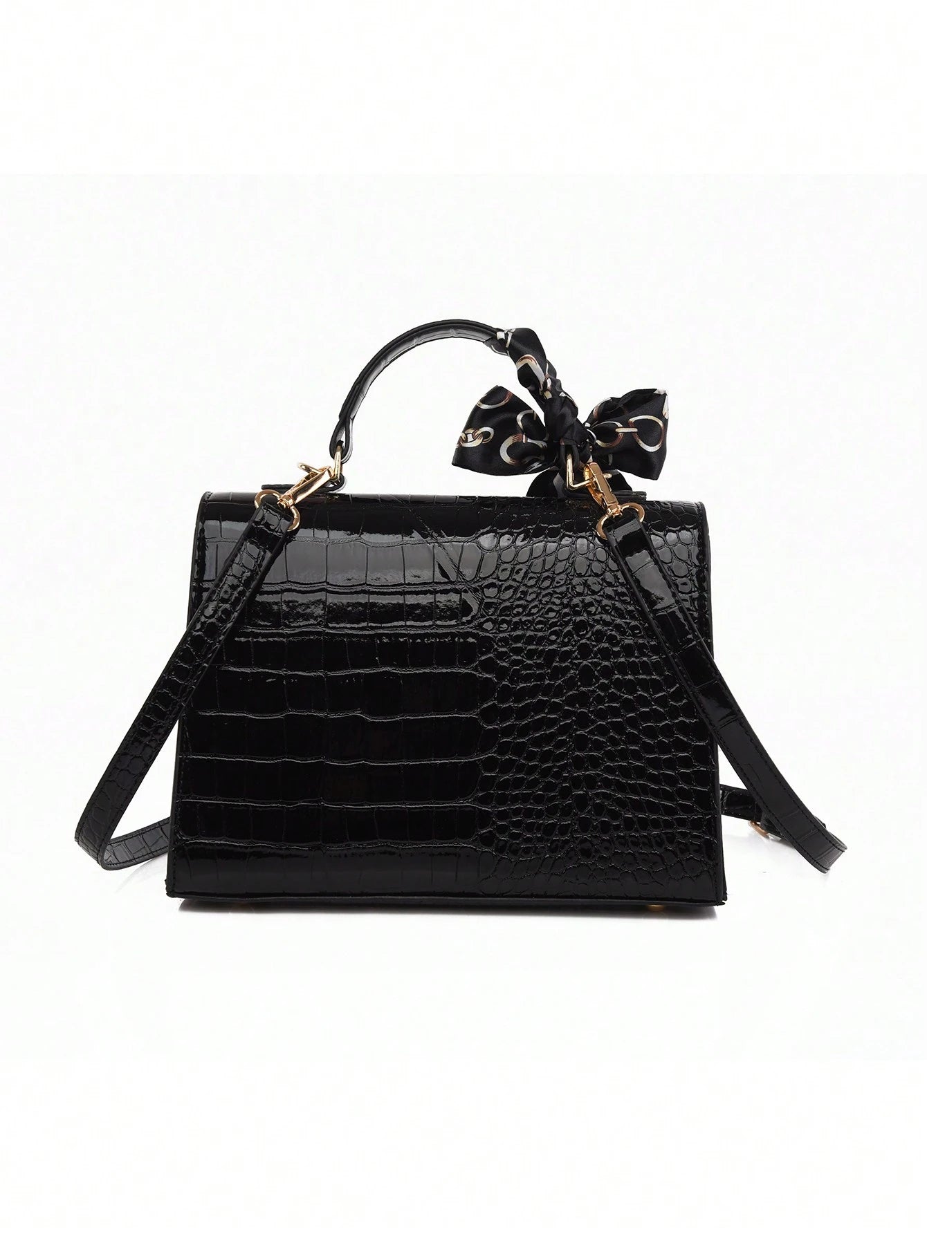 Nova Bolsa Feminina Padrão Crocodilo Brilhante, Grande Capacidade, Moda e Elegante, Acompanha Lenço Estiloso, Pode Ser Usada Como Bolsa de Ombro, Preta