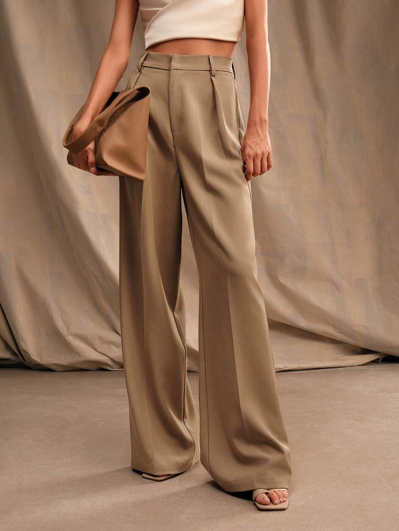 Anewsta Calça reta casual de cintura alta, cor sólida