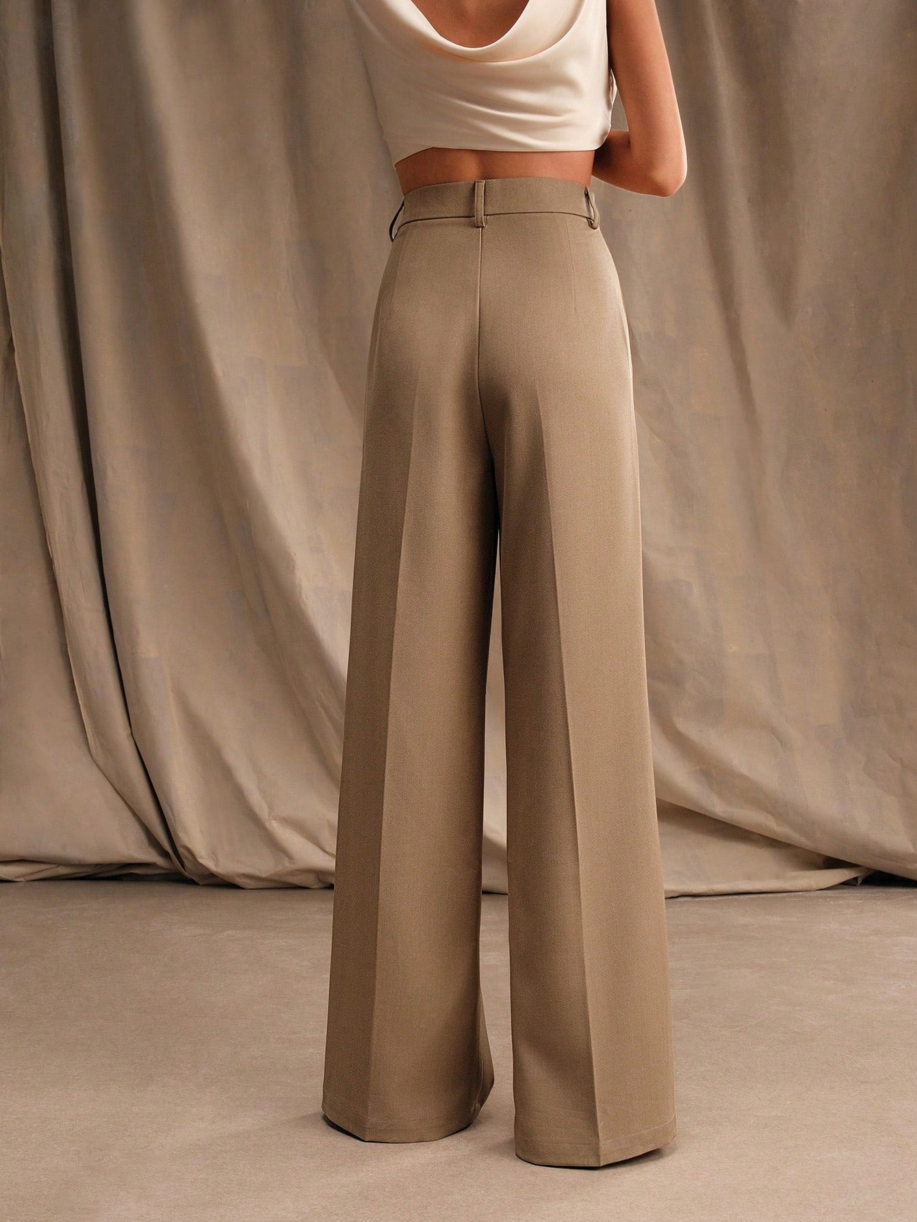 Anewsta Calça reta casual de cintura alta, cor sólida