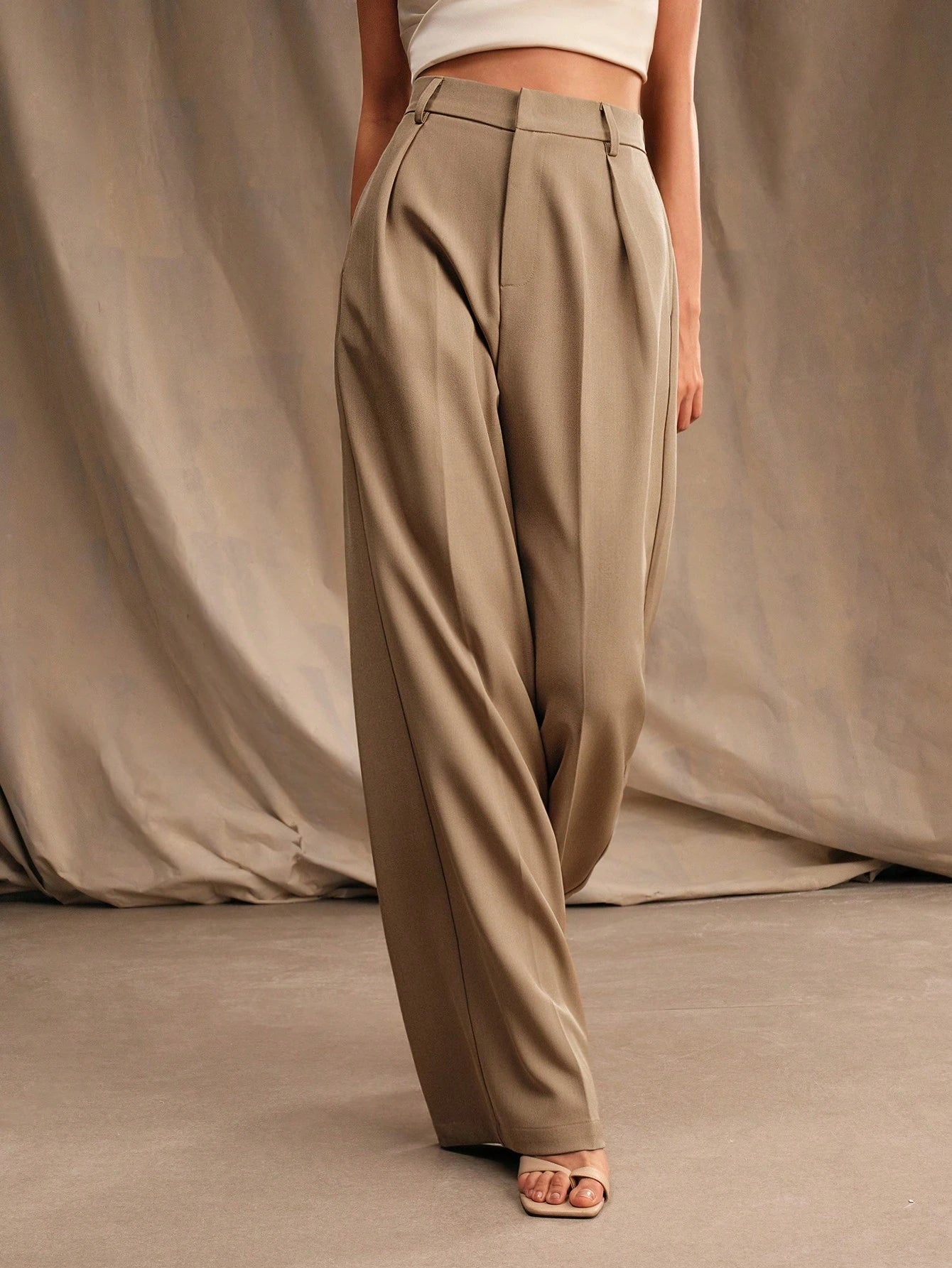 Anewsta Calça reta casual de cintura alta, cor sólida