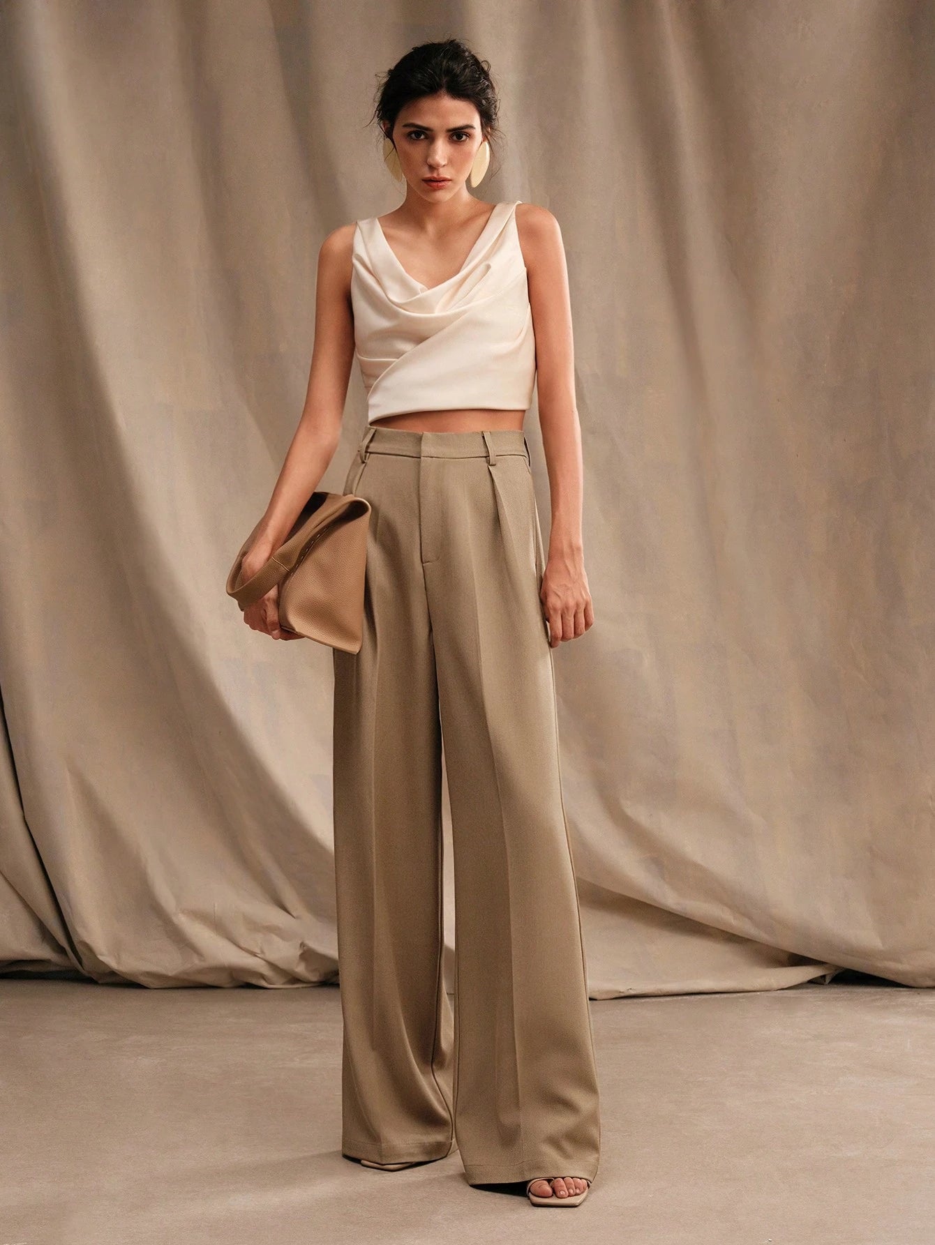 Anewsta Calça reta casual de cintura alta, cor sólida