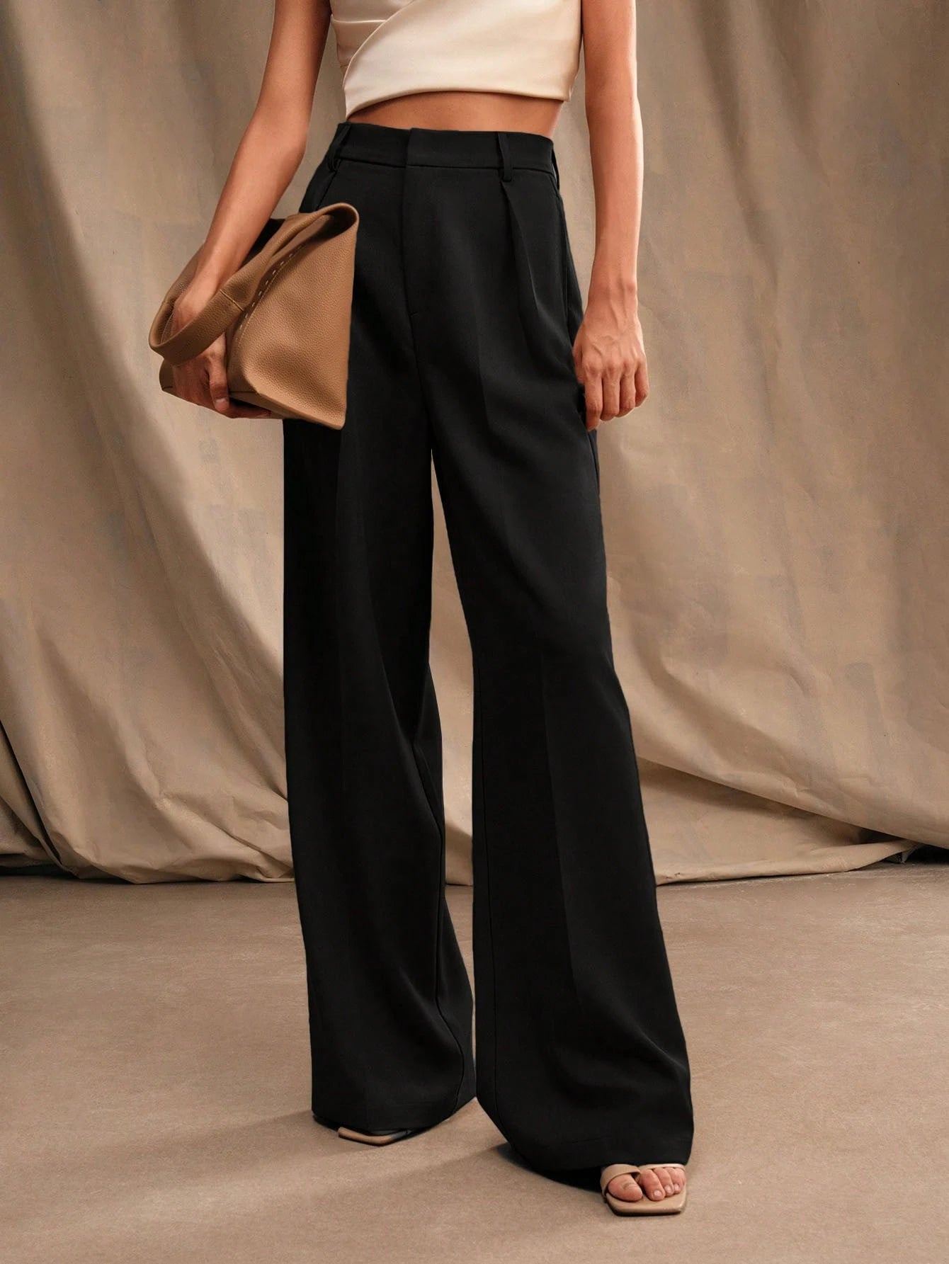 Anewsta Calça reta casual de cintura alta, cor sólida