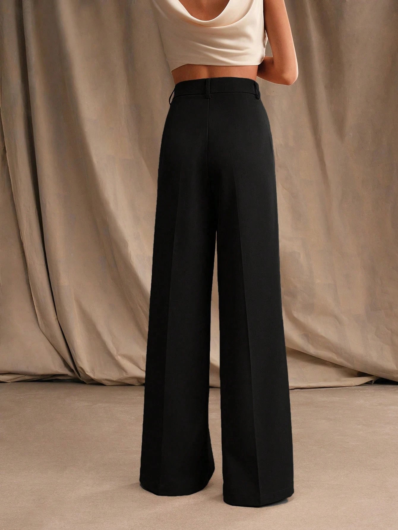 Anewsta Calça reta casual de cintura alta, cor sólida