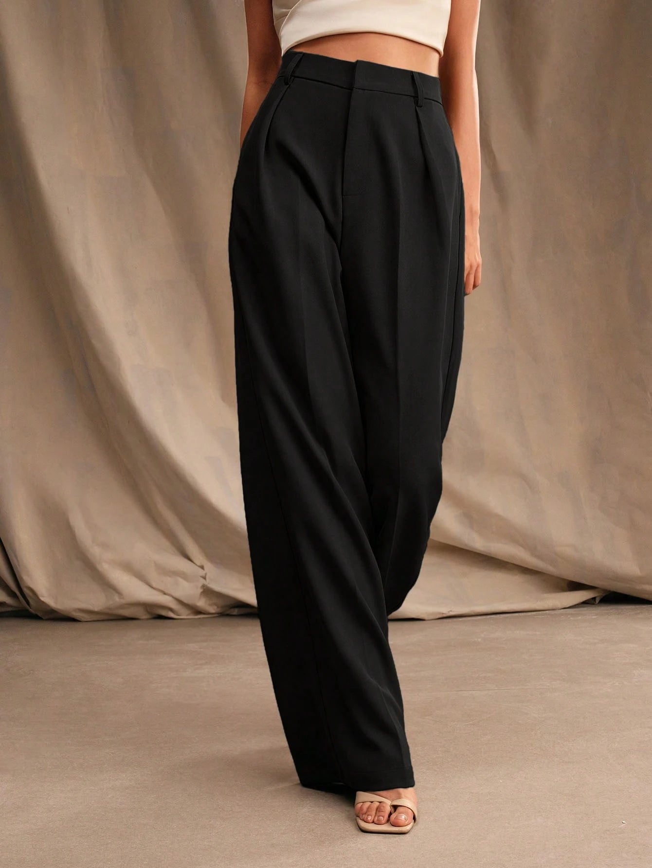 Anewsta Calça reta casual de cintura alta, cor sólida