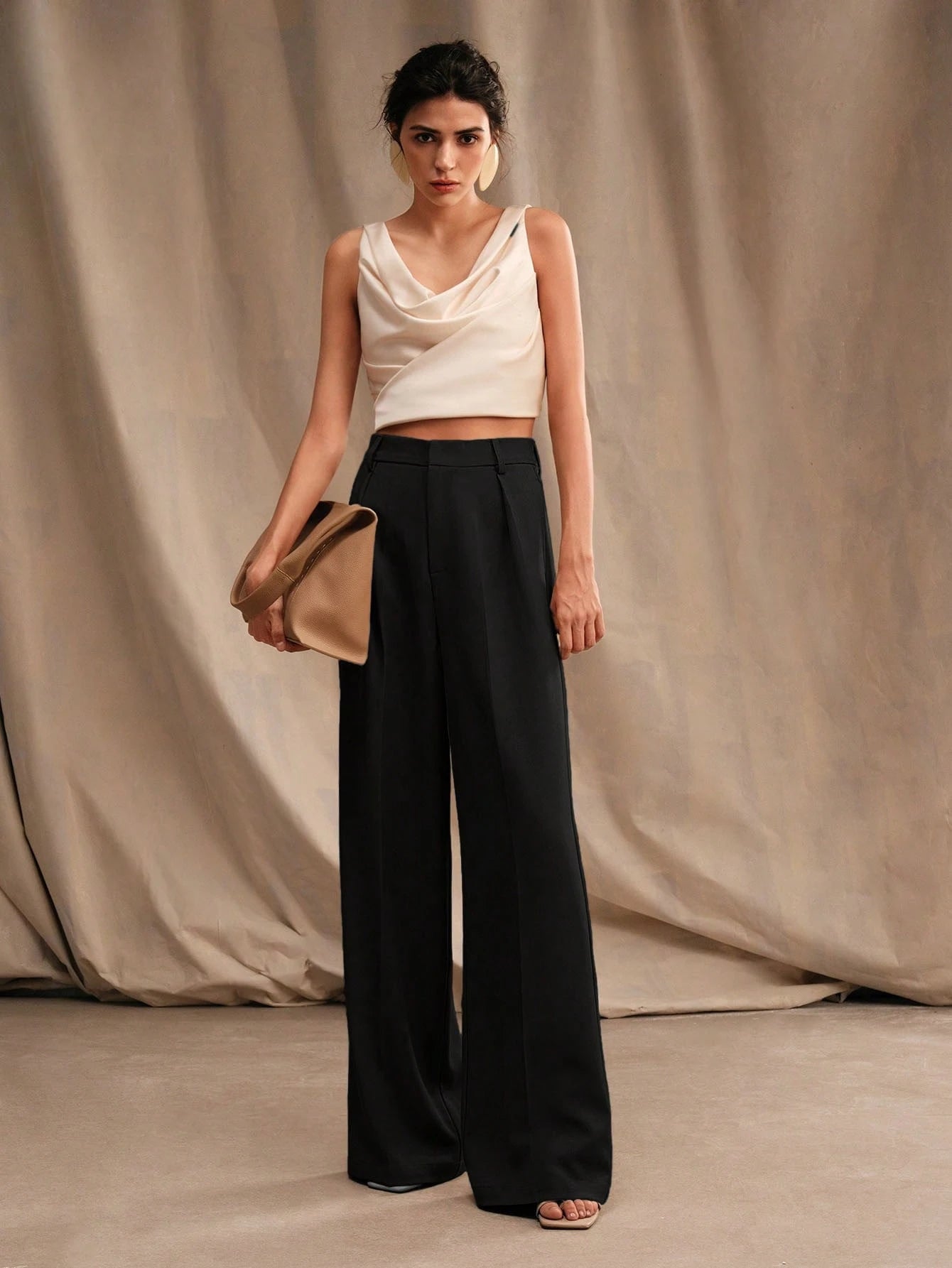Anewsta Calça reta casual de cintura alta, cor sólida