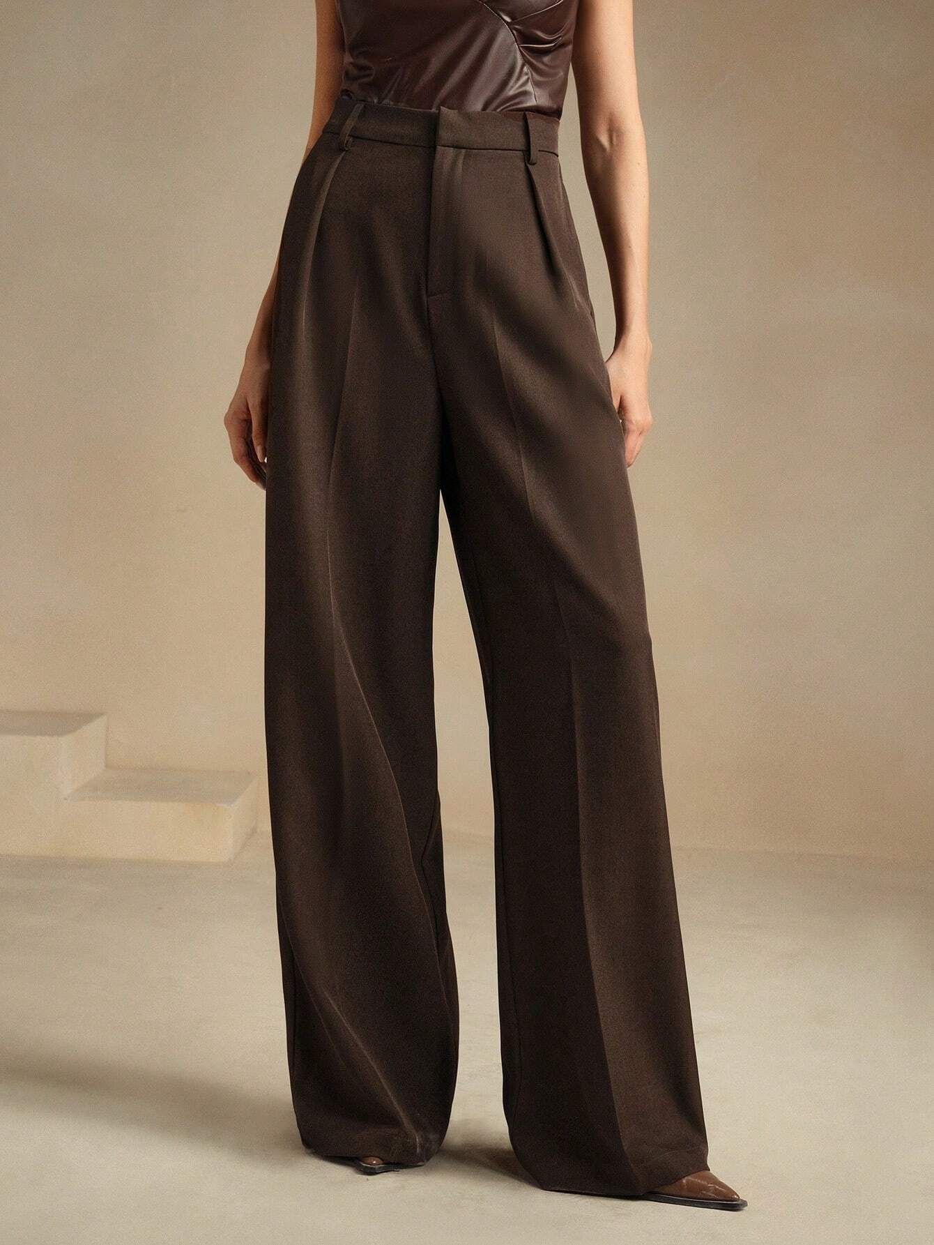 Anewsta Calça reta casual de cintura alta, cor sólida