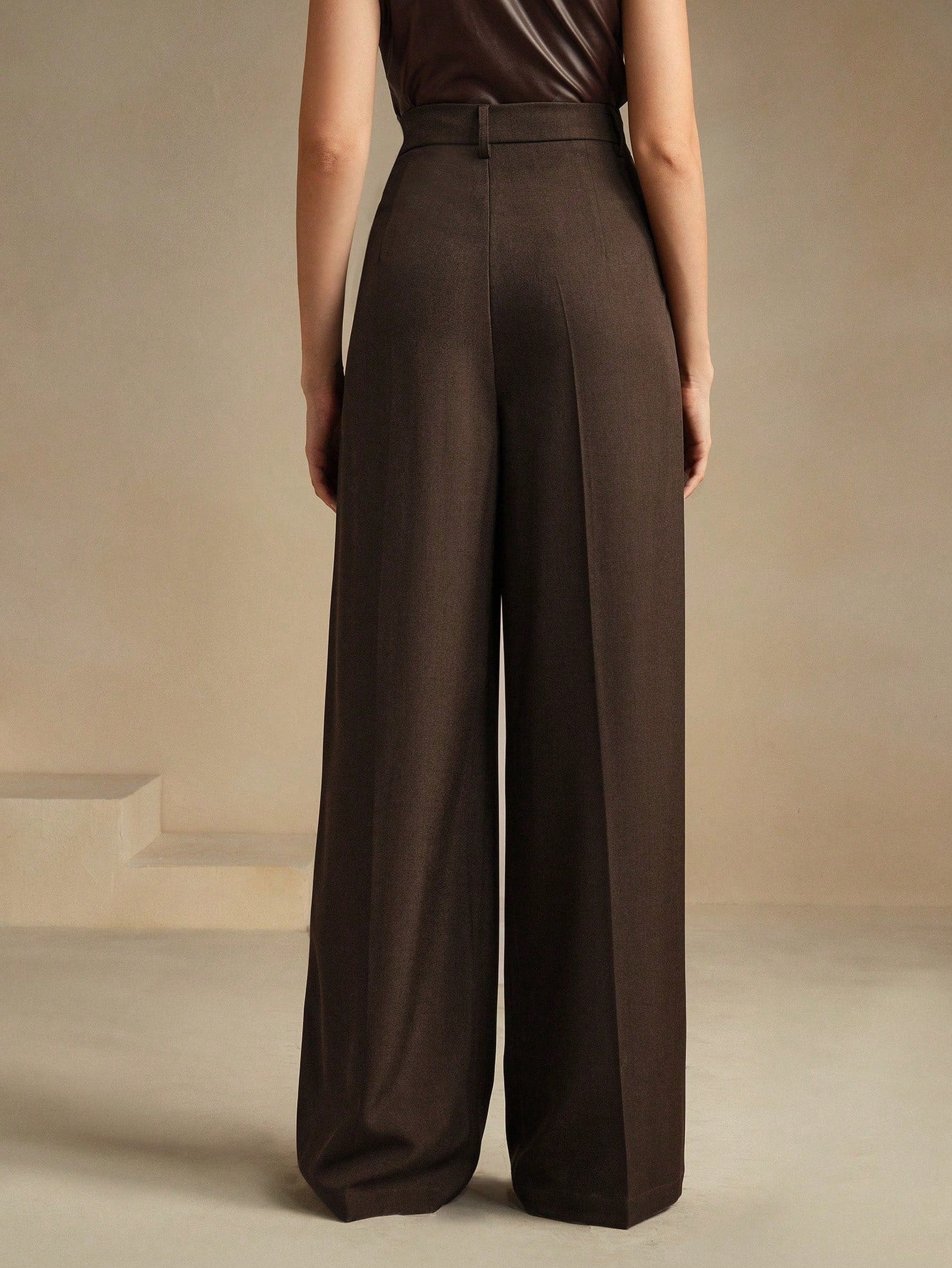 Anewsta Calça reta casual de cintura alta, cor sólida