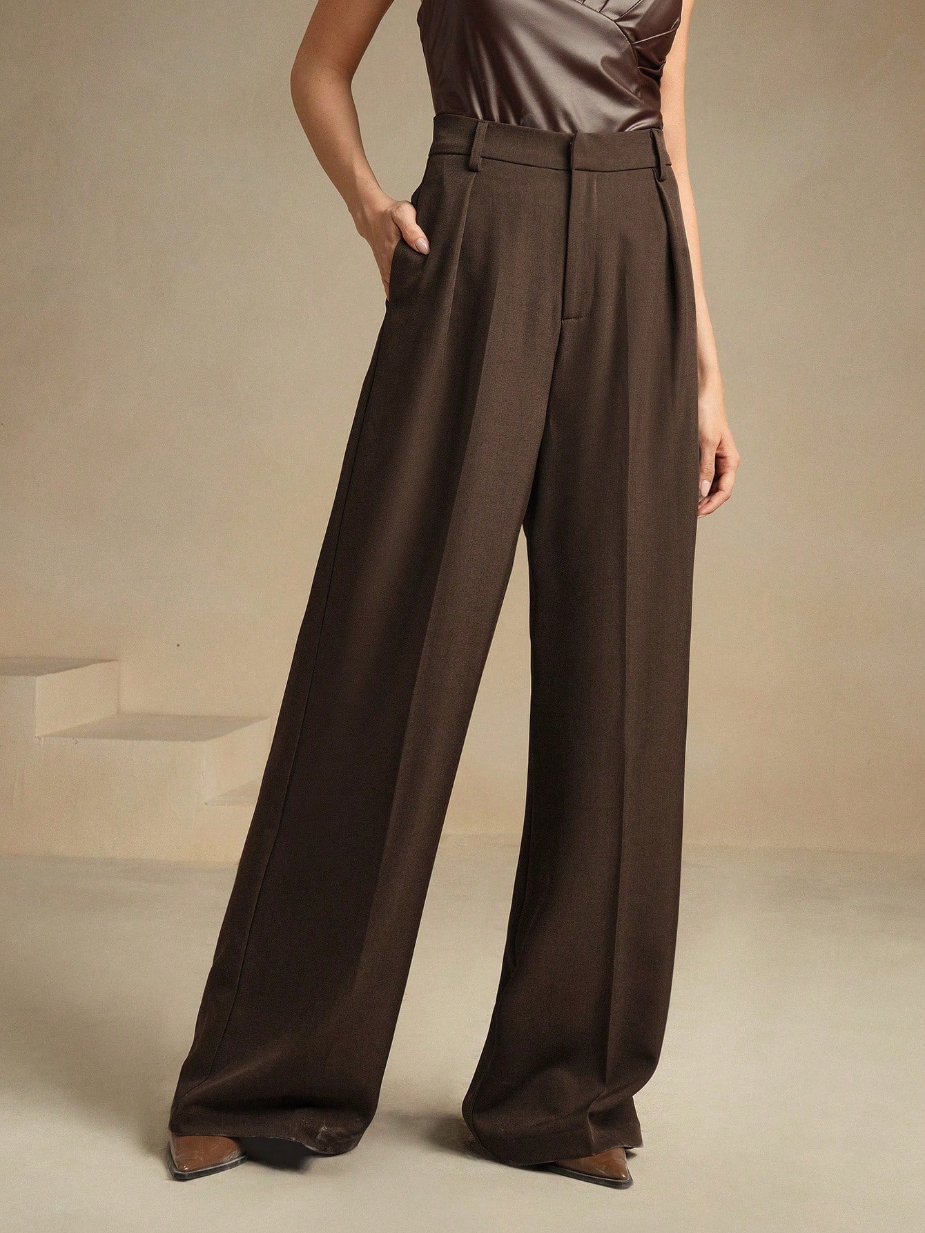 Anewsta Calça reta casual de cintura alta, cor sólida