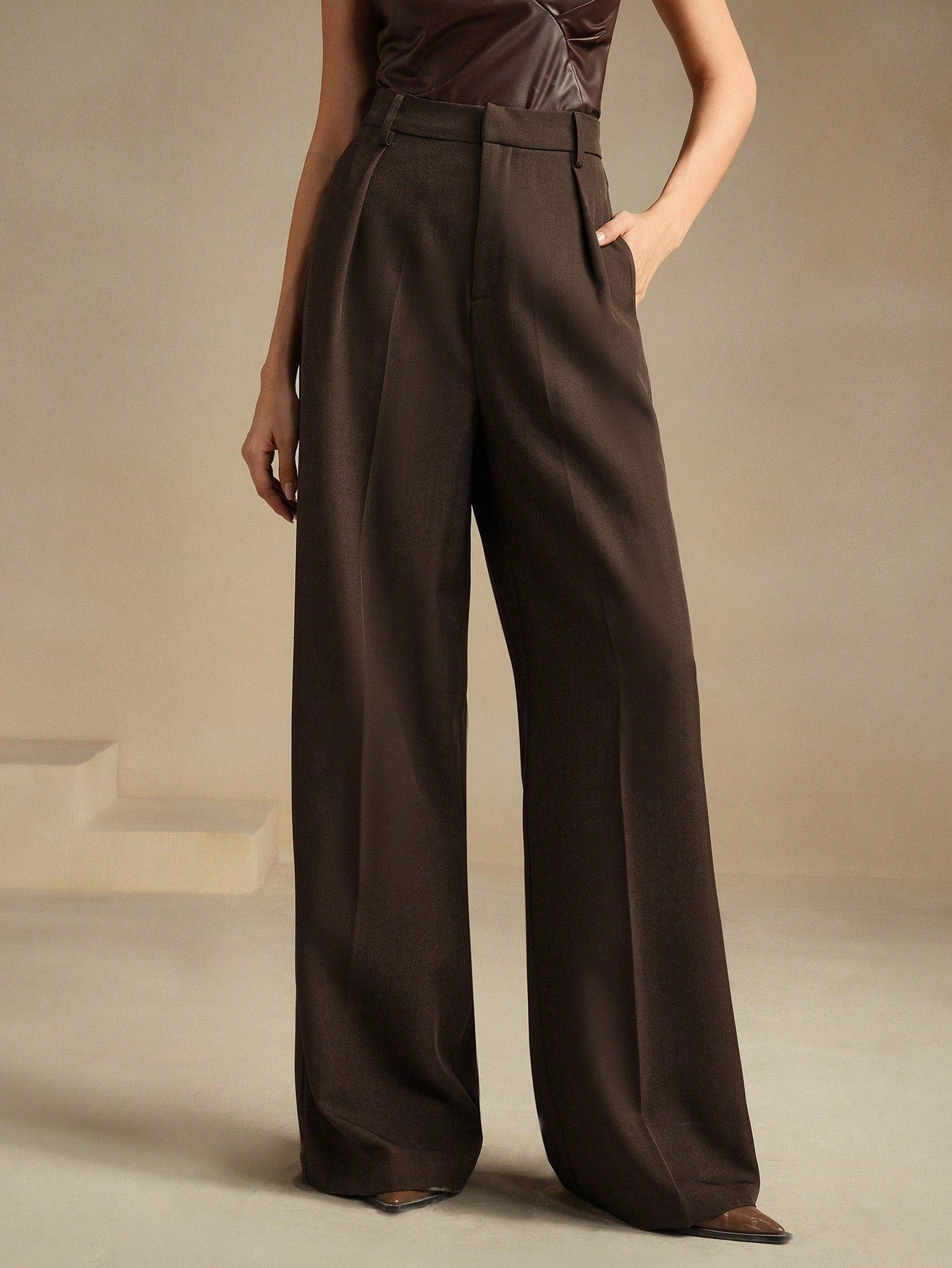 Anewsta Calça reta casual de cintura alta, cor sólida