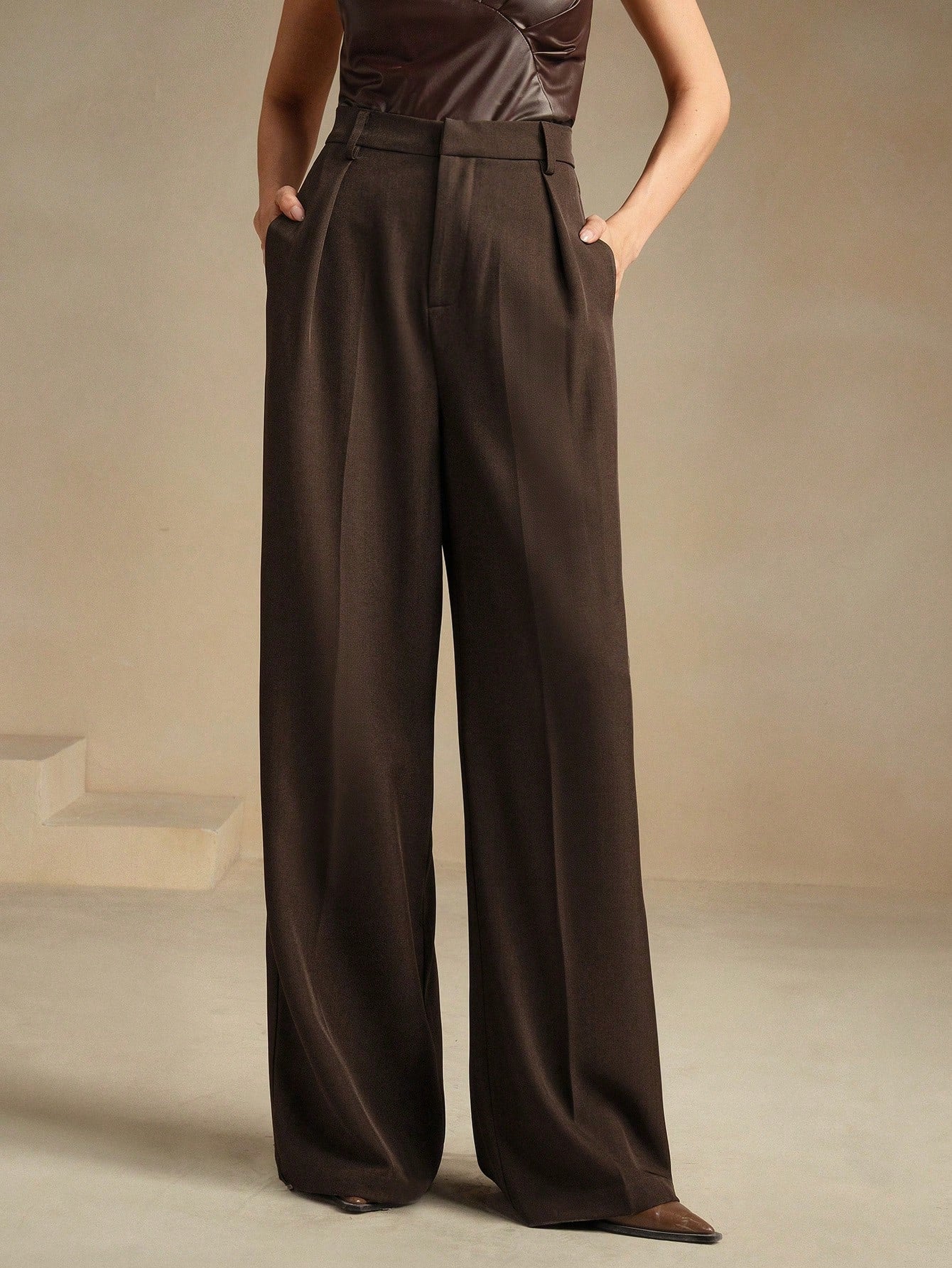 Anewsta Calça reta casual de cintura alta, cor sólida