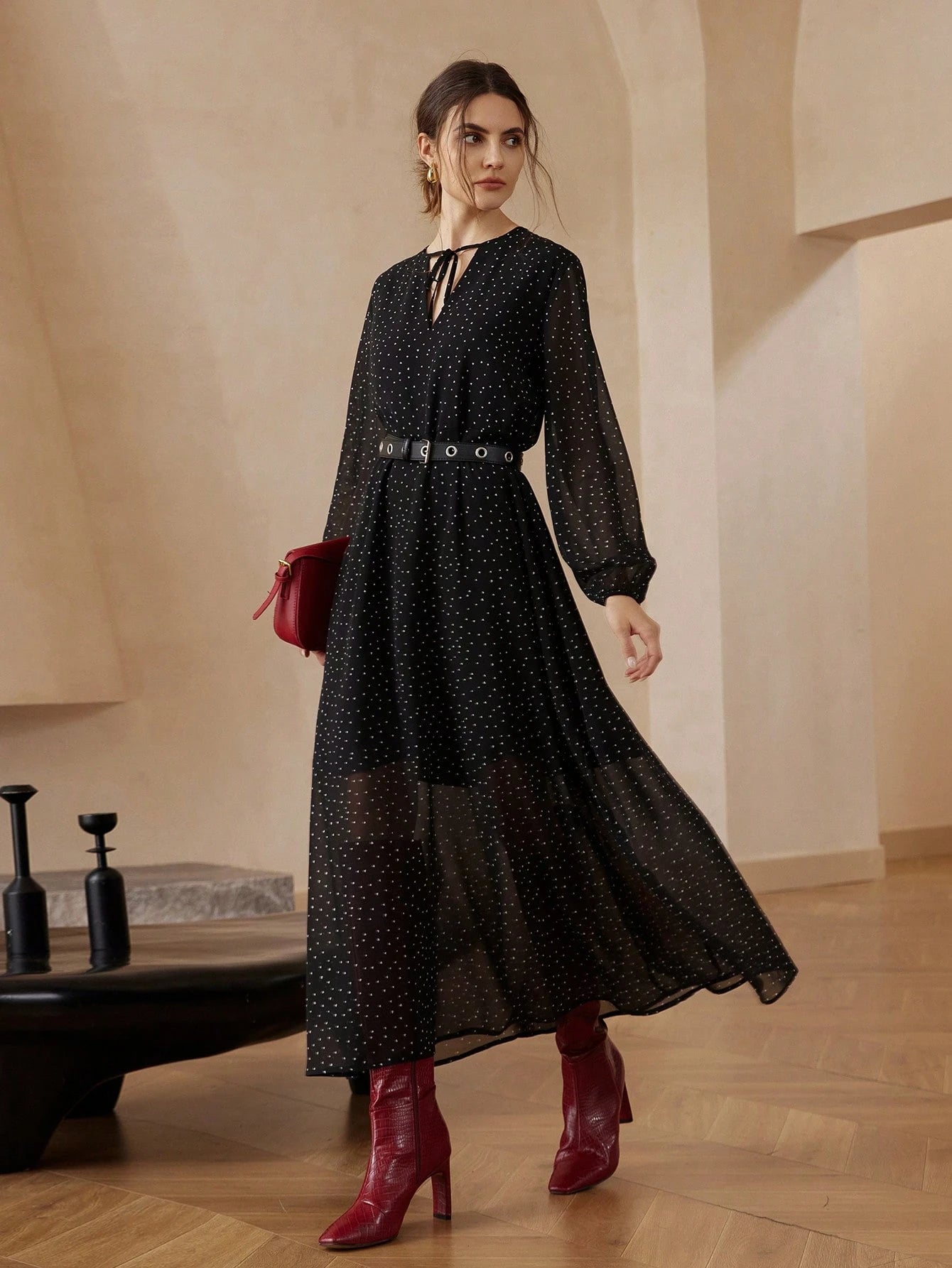 Aveloria Modichic Vestido Elegante com Mangas Longas, Cinto, Gola de Laço e Estampa de Bolinhas Transparente de Chiffon para Mulheres