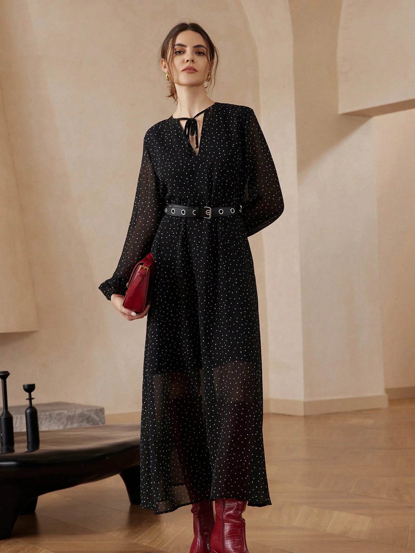 Aveloria Modichic Vestido Elegante com Mangas Longas, Cinto, Gola de Laço e Estampa de Bolinhas Transparente de Chiffon para Mulheres
