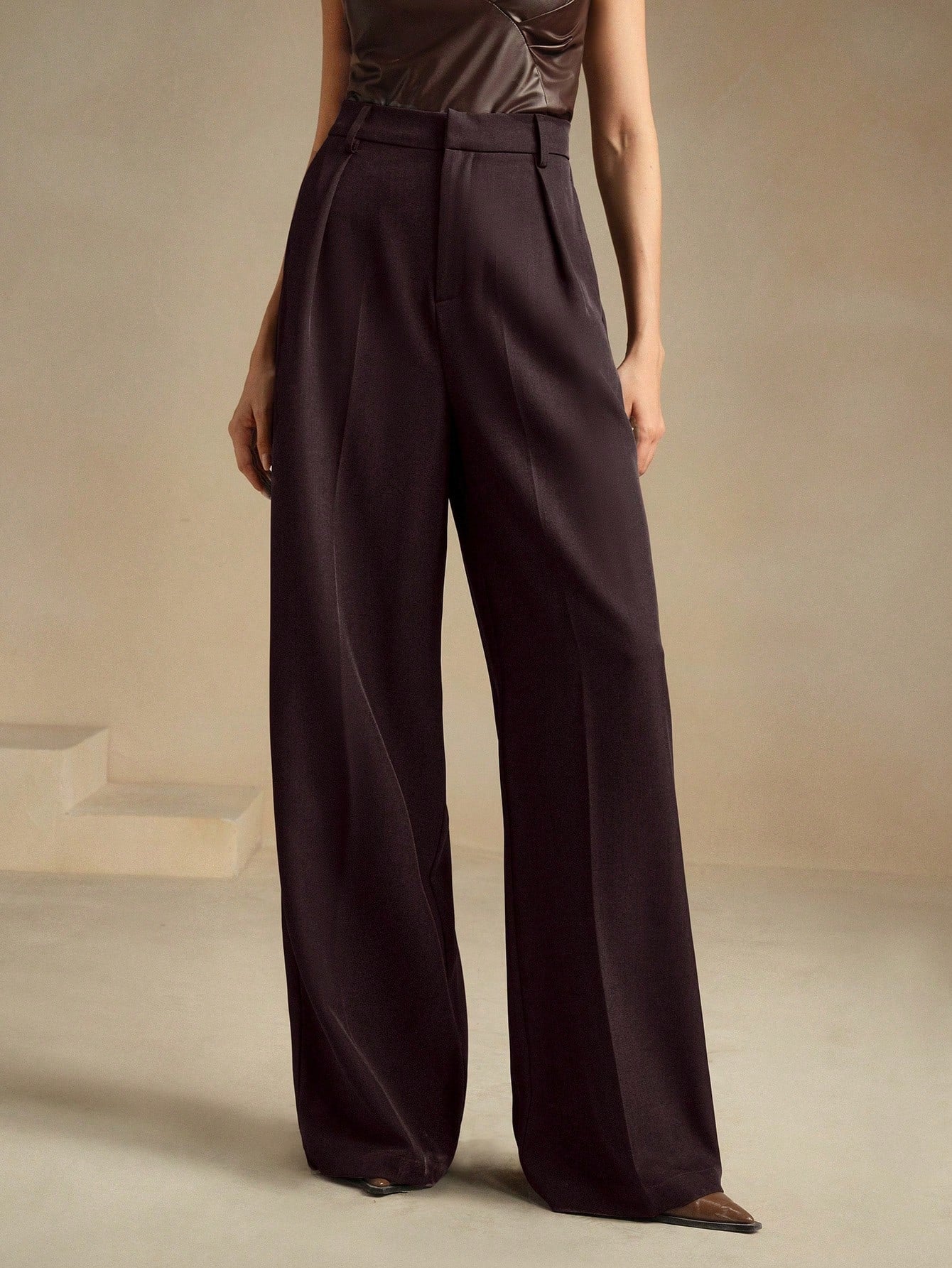 Anewsta Calça reta casual de cintura alta, cor sólida