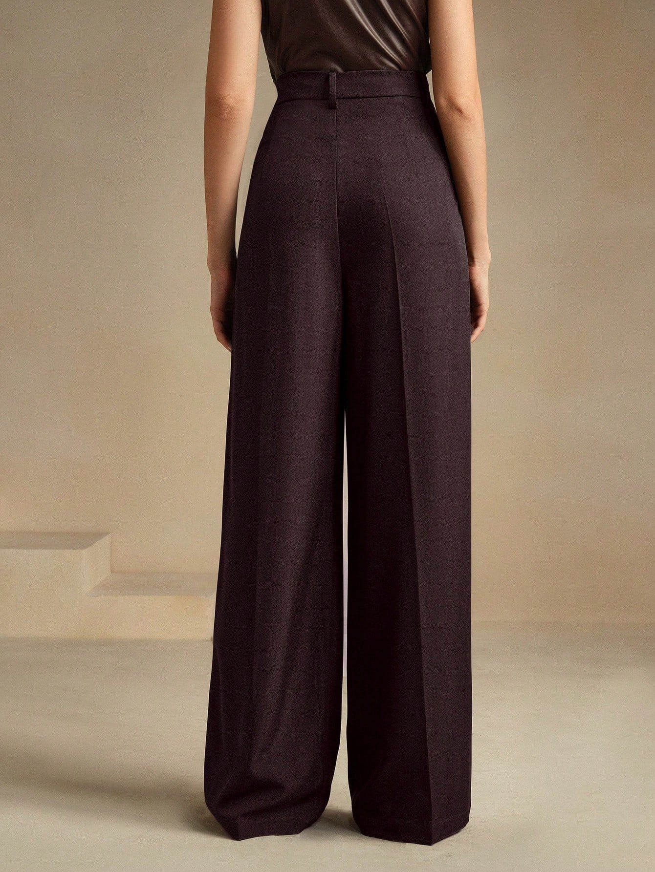 Anewsta Calça reta casual de cintura alta, cor sólida