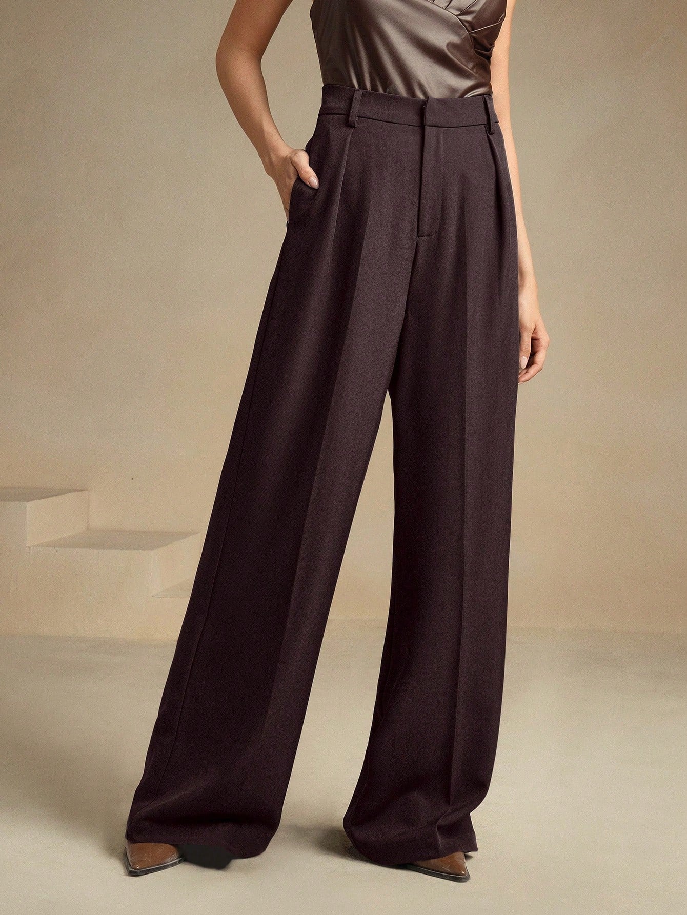 Anewsta Calça reta casual de cintura alta, cor sólida