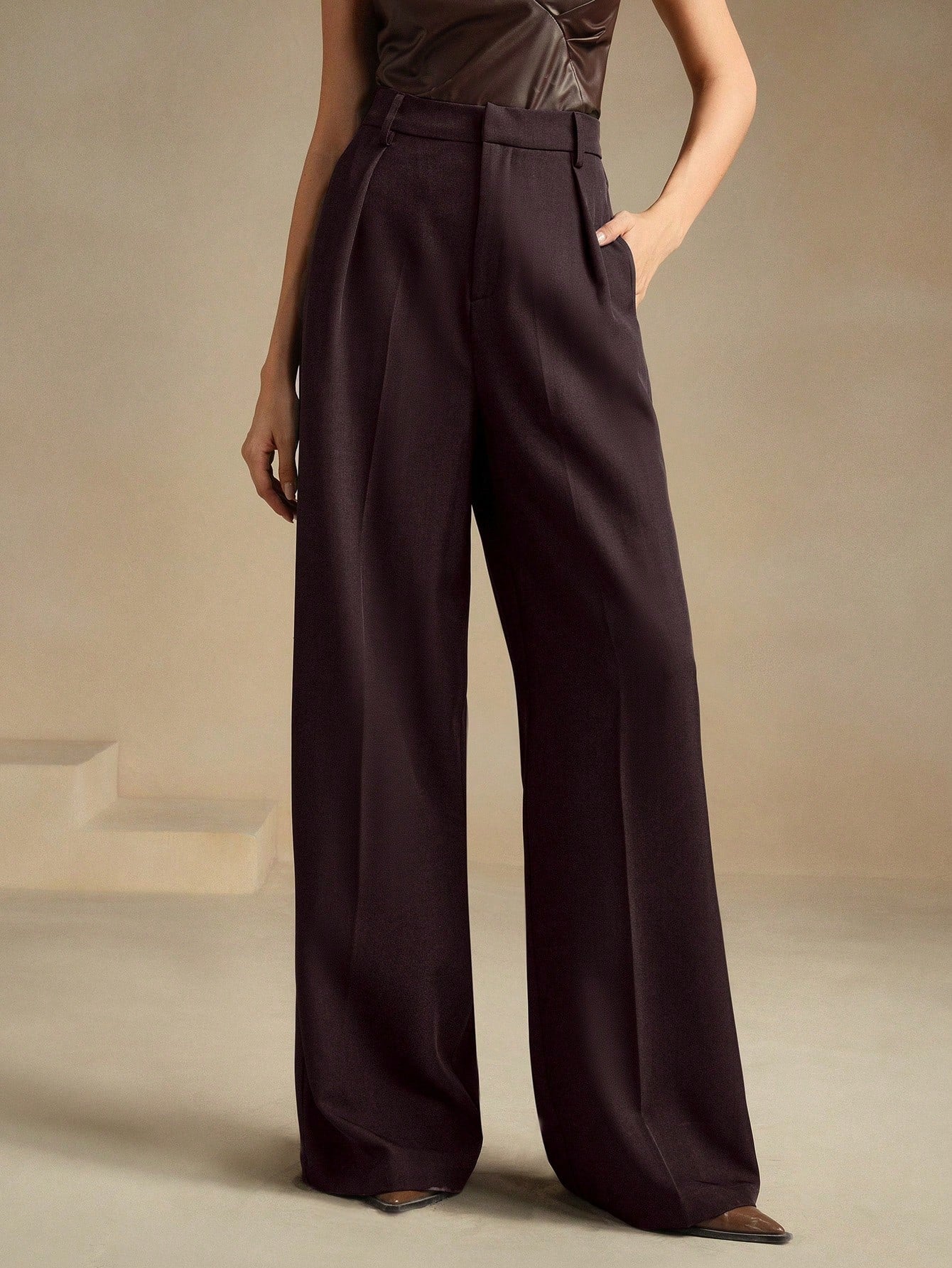 Anewsta Calça reta casual de cintura alta, cor sólida