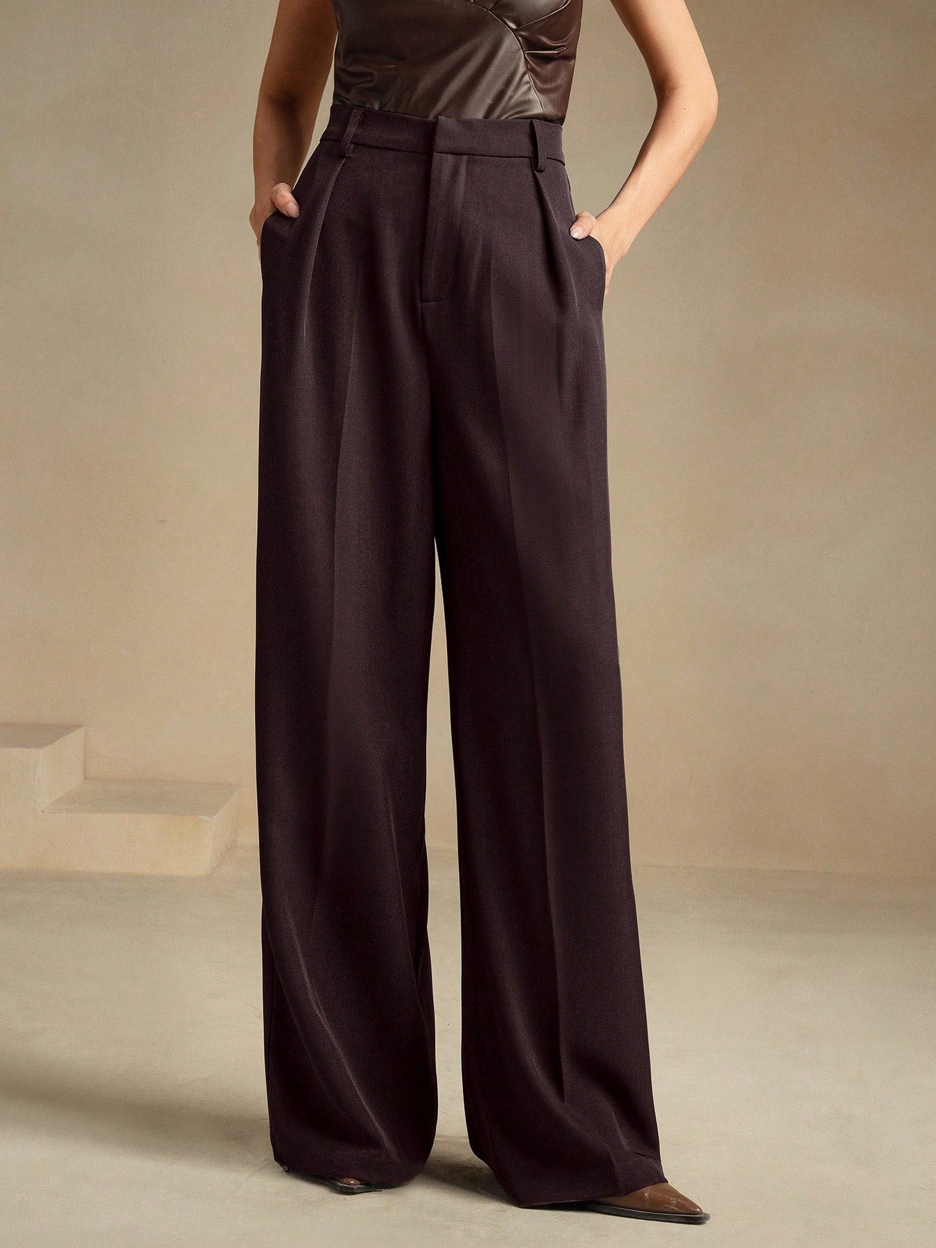 Anewsta Calça reta casual de cintura alta, cor sólida