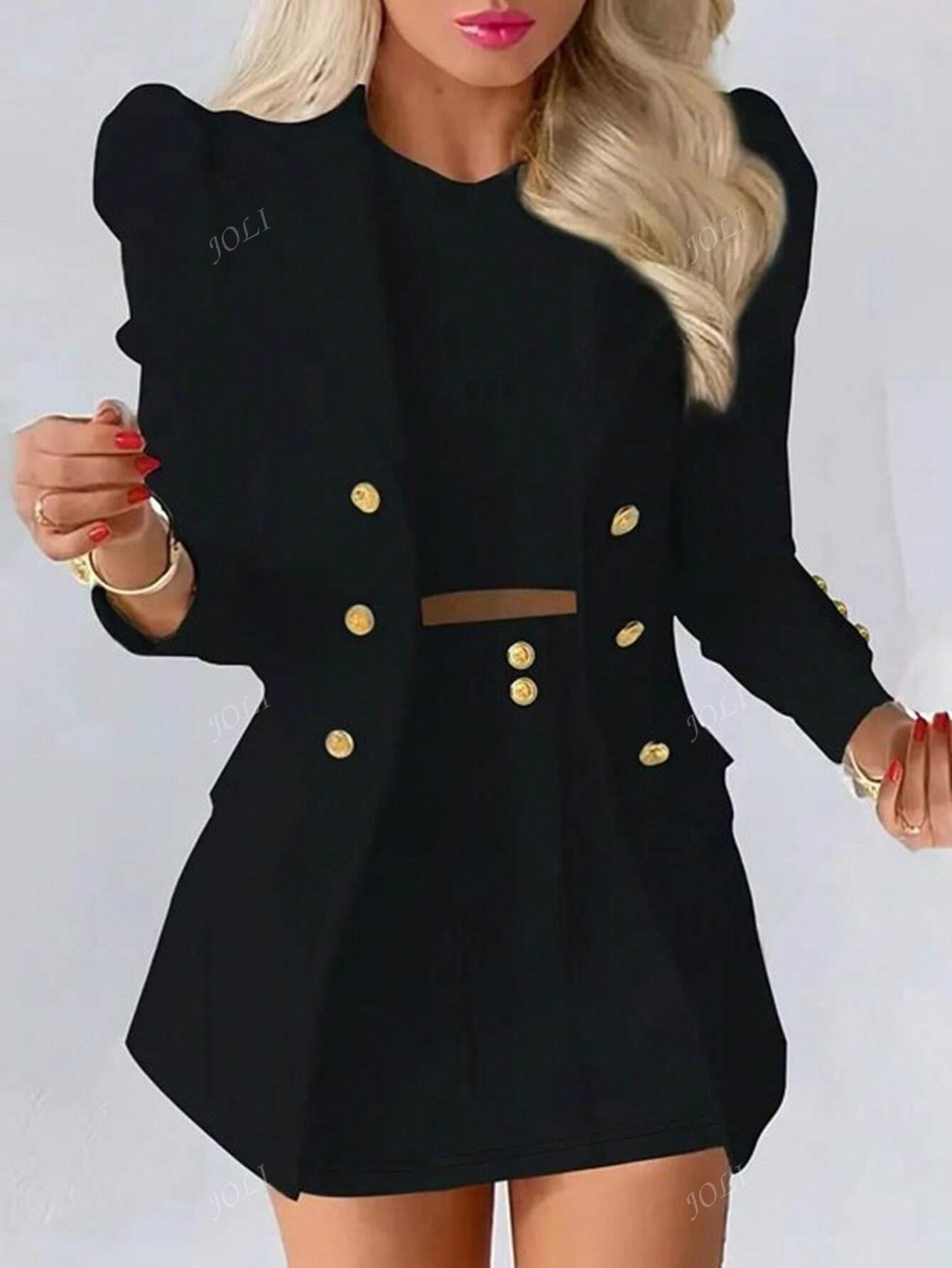 Conjunto de Terno com Blazer de Gola Lapela e Saia de Peito Duplo para Uso Diário das Senhoras