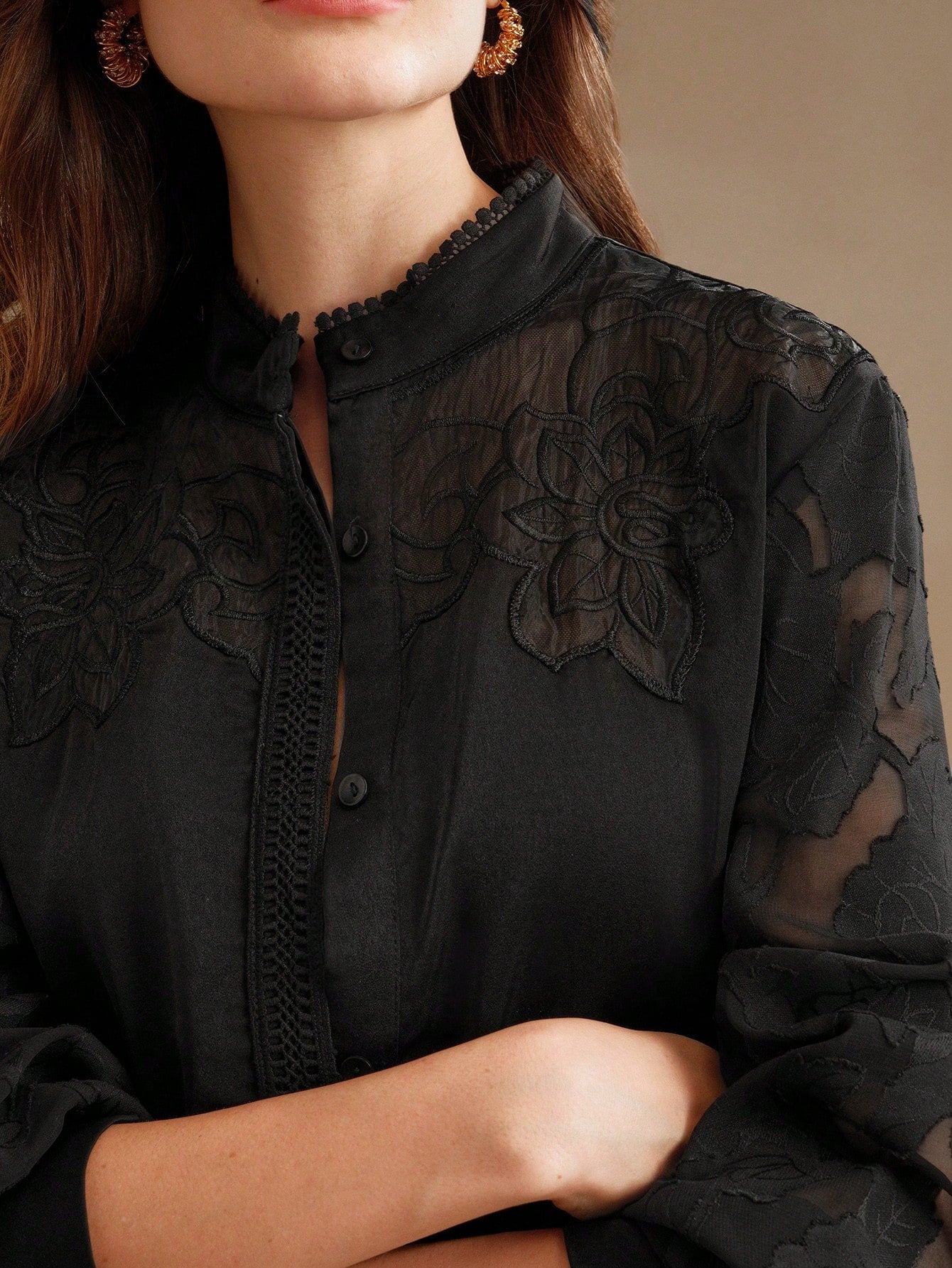 Anewsta Camisa de Manga Longa Feminina com Recorte de Renda Francesa Elegante