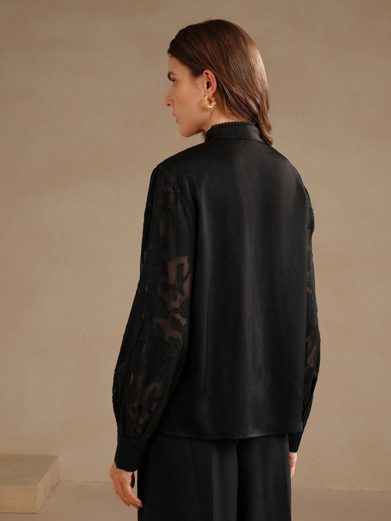 Anewsta Camisa de Manga Longa Feminina com Recorte de Renda Francesa Elegante