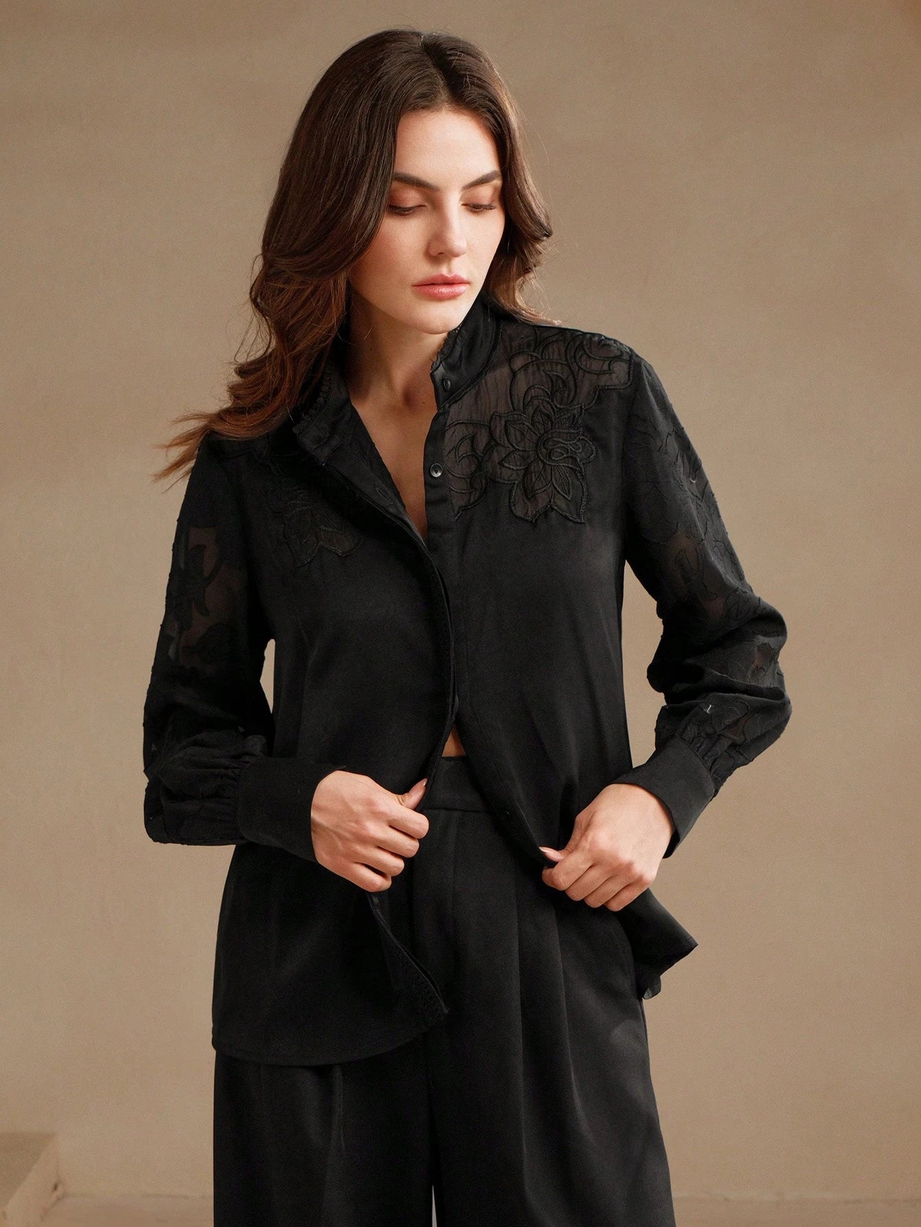 Anewsta Camisa de Manga Longa Feminina com Recorte de Renda Francesa Elegante