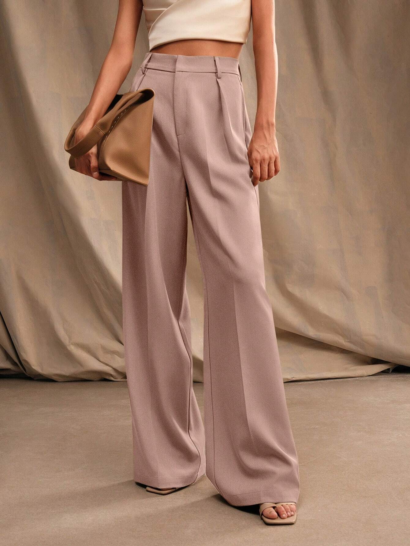 Anewsta Calça reta casual de cintura alta, cor sólida