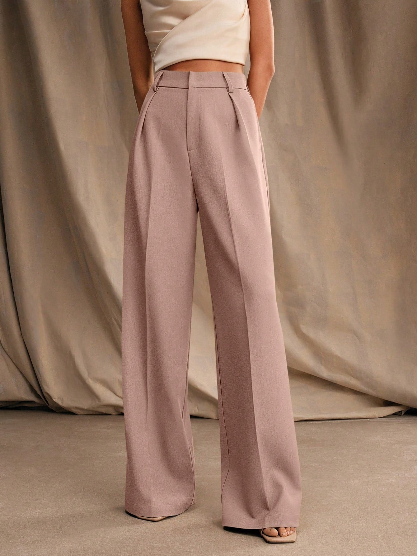Anewsta Calça reta casual de cintura alta, cor sólida