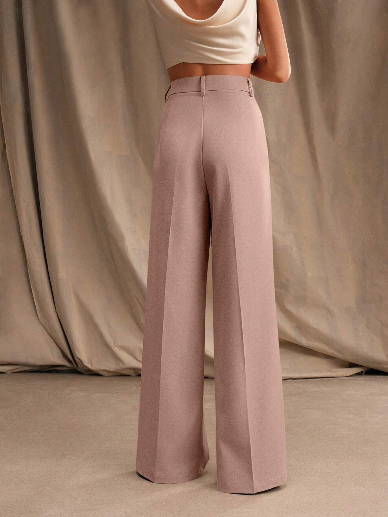 Anewsta Calça reta casual de cintura alta, cor sólida