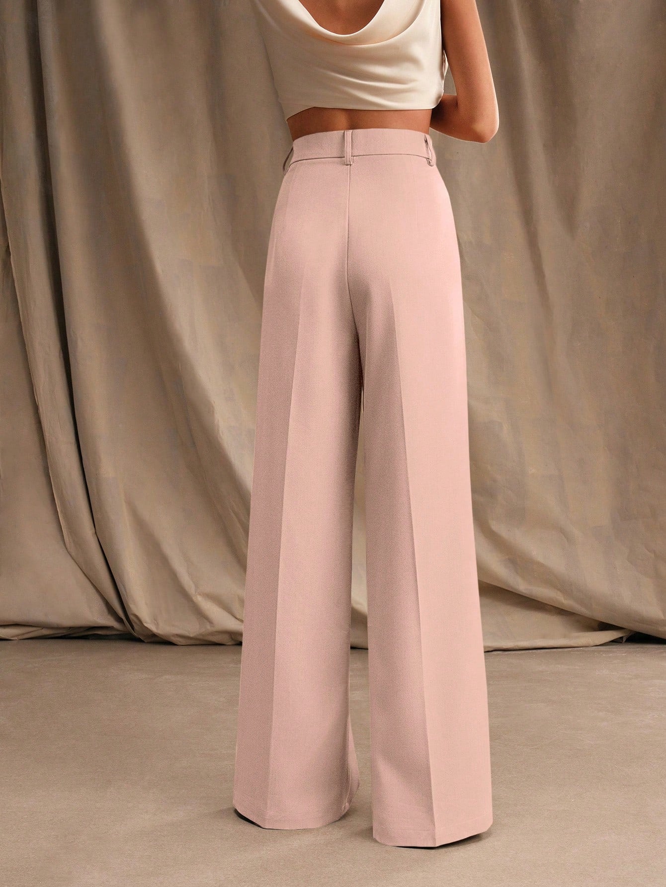 Anewsta Calça reta casual de cintura alta, cor sólida