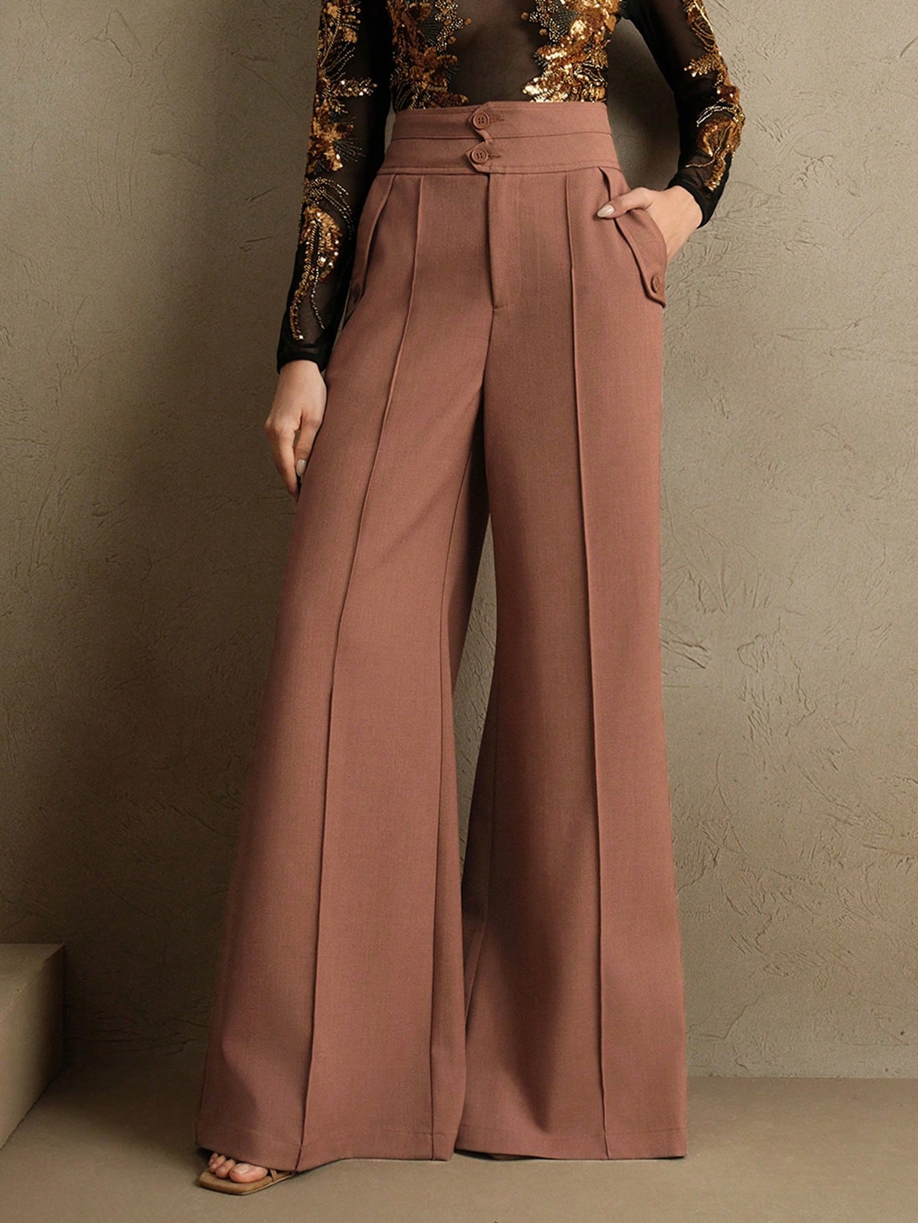 Anewsta Calças Elegantes de Cintura Alta e Flare para Mulher com Abotoamento Duplo, Adequado para Outfit de Ano Novo