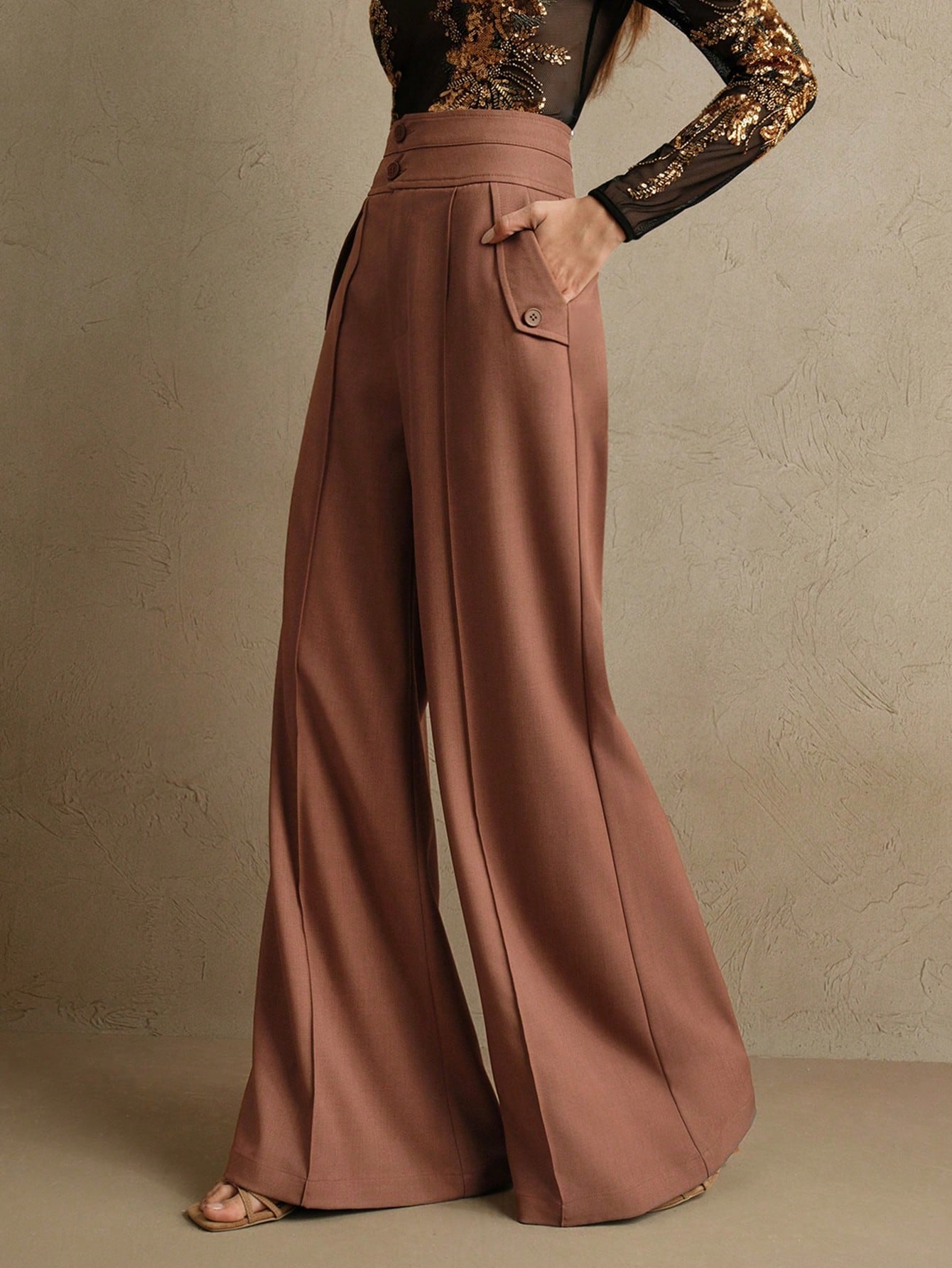Anewsta Calças Elegantes de Cintura Alta e Flare para Mulher com Abotoamento Duplo, Adequado para Outfit de Ano Novo