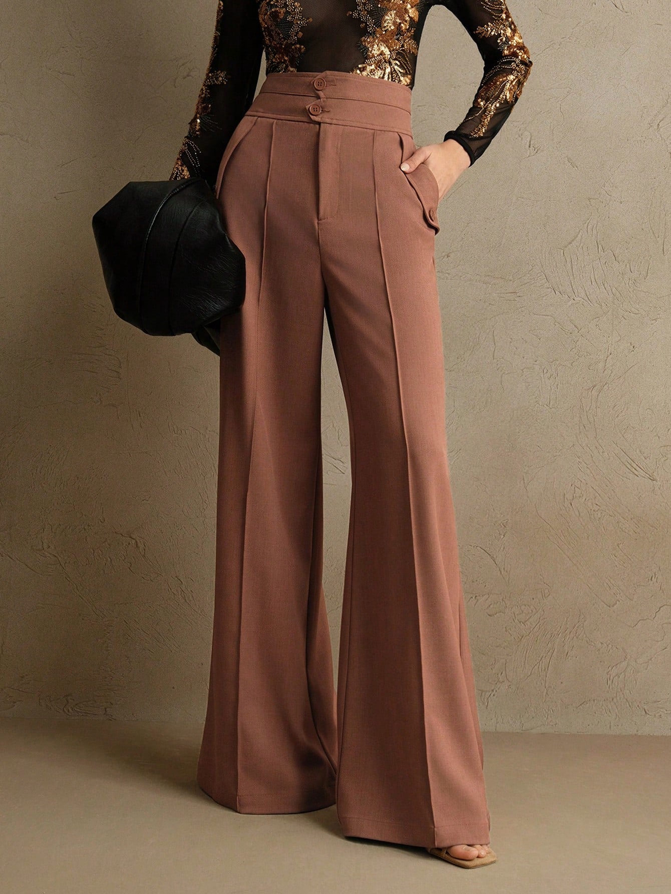 Anewsta Calças Elegantes de Cintura Alta e Flare para Mulher com Abotoamento Duplo, Adequado para Outfit de Ano Novo