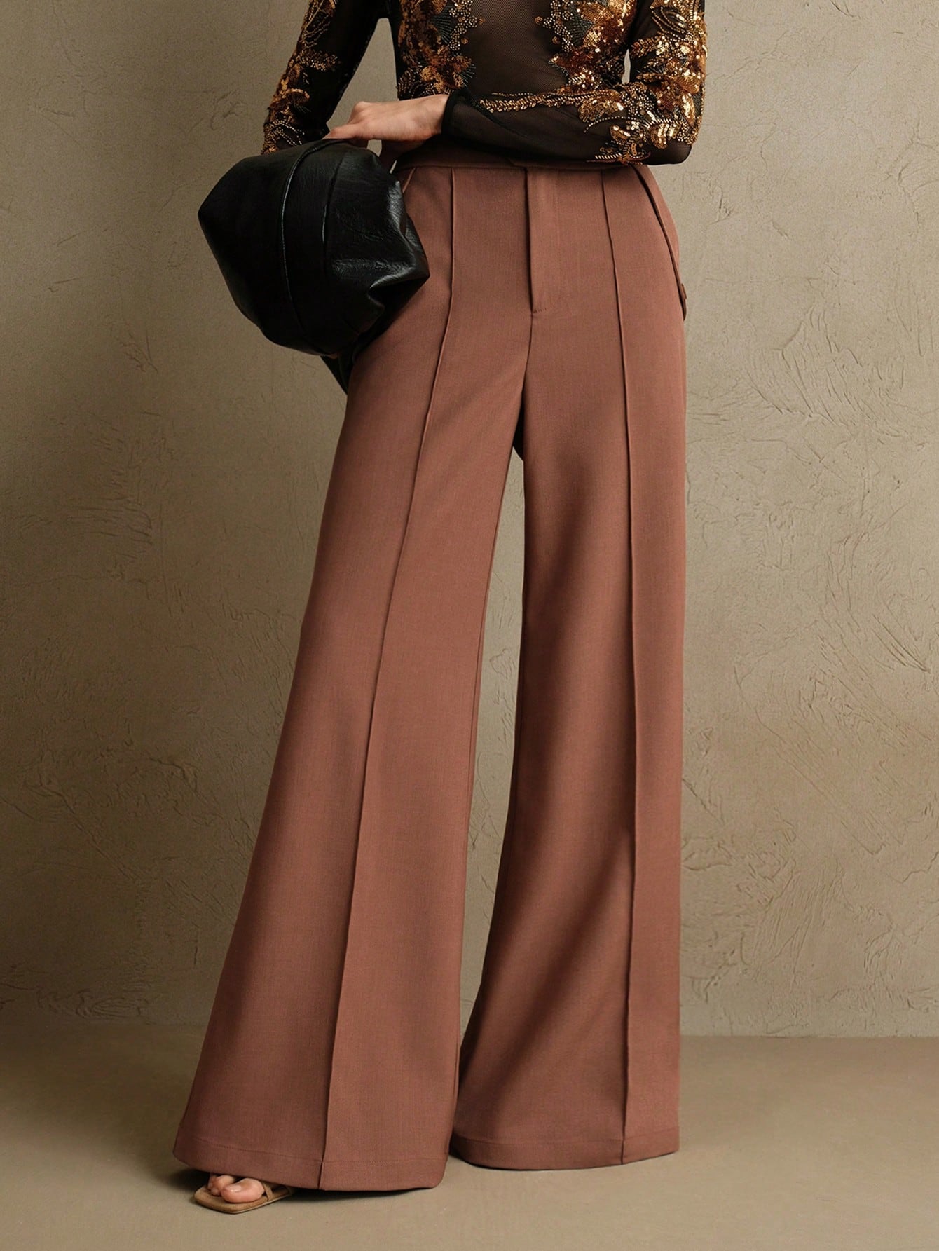 Anewsta Calças Elegantes de Cintura Alta e Flare para Mulher com Abotoamento Duplo, Adequado para Outfit de Ano Novo