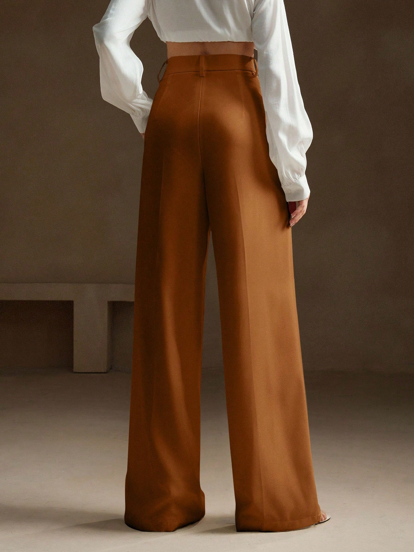 Anewsta Calça reta casual de cintura alta, cor sólida