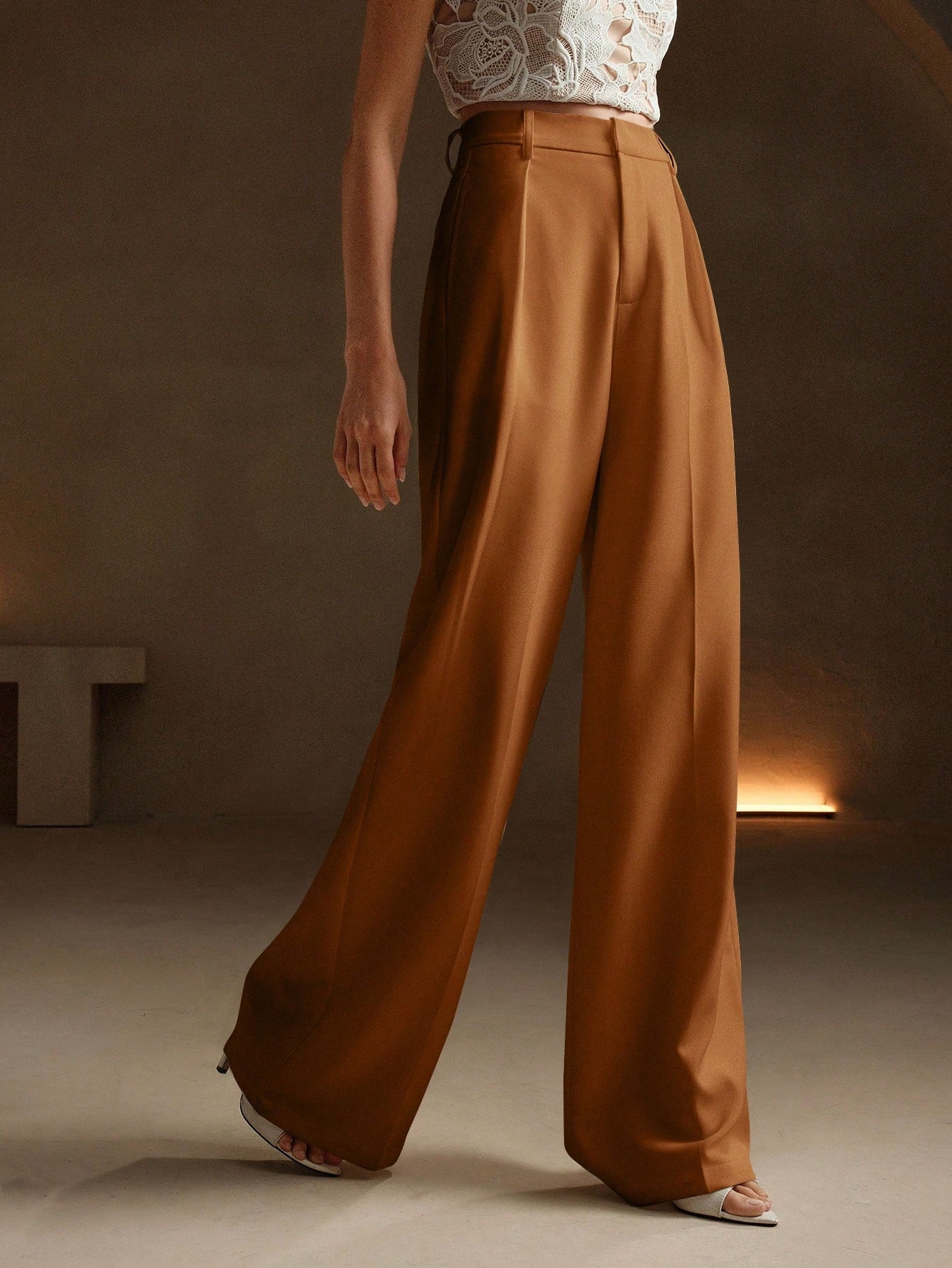 Anewsta Calça reta casual de cintura alta, cor sólida