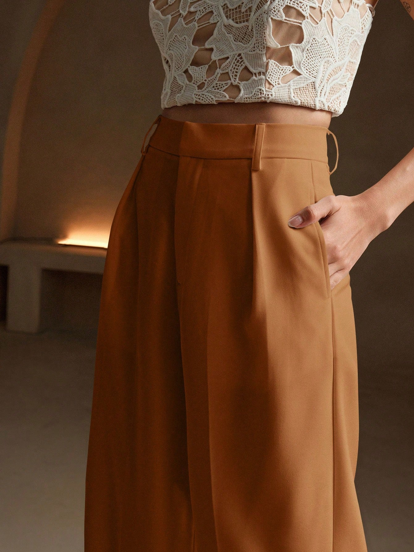 Anewsta Calça reta casual de cintura alta, cor sólida