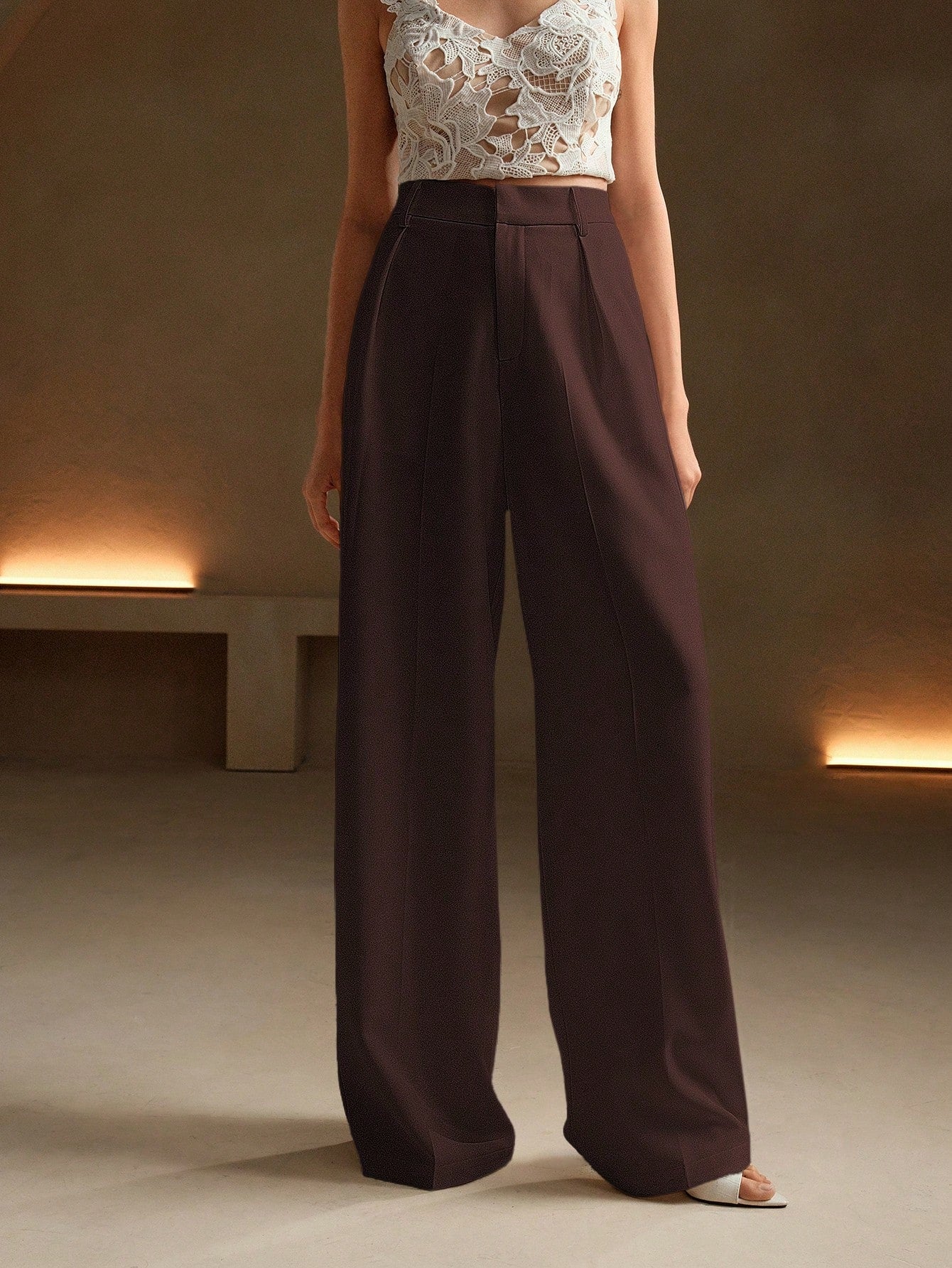 Anewsta Calça reta casual de cintura alta, cor sólida