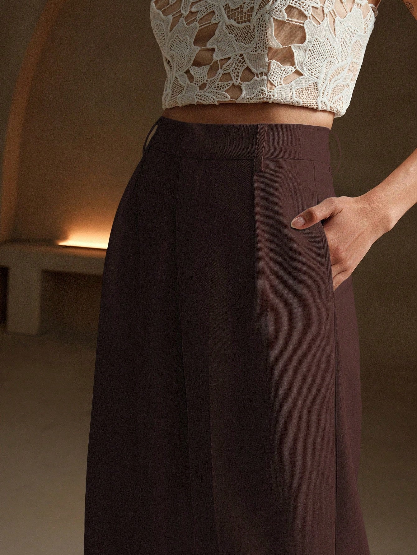 Anewsta Calça reta casual de cintura alta, cor sólida