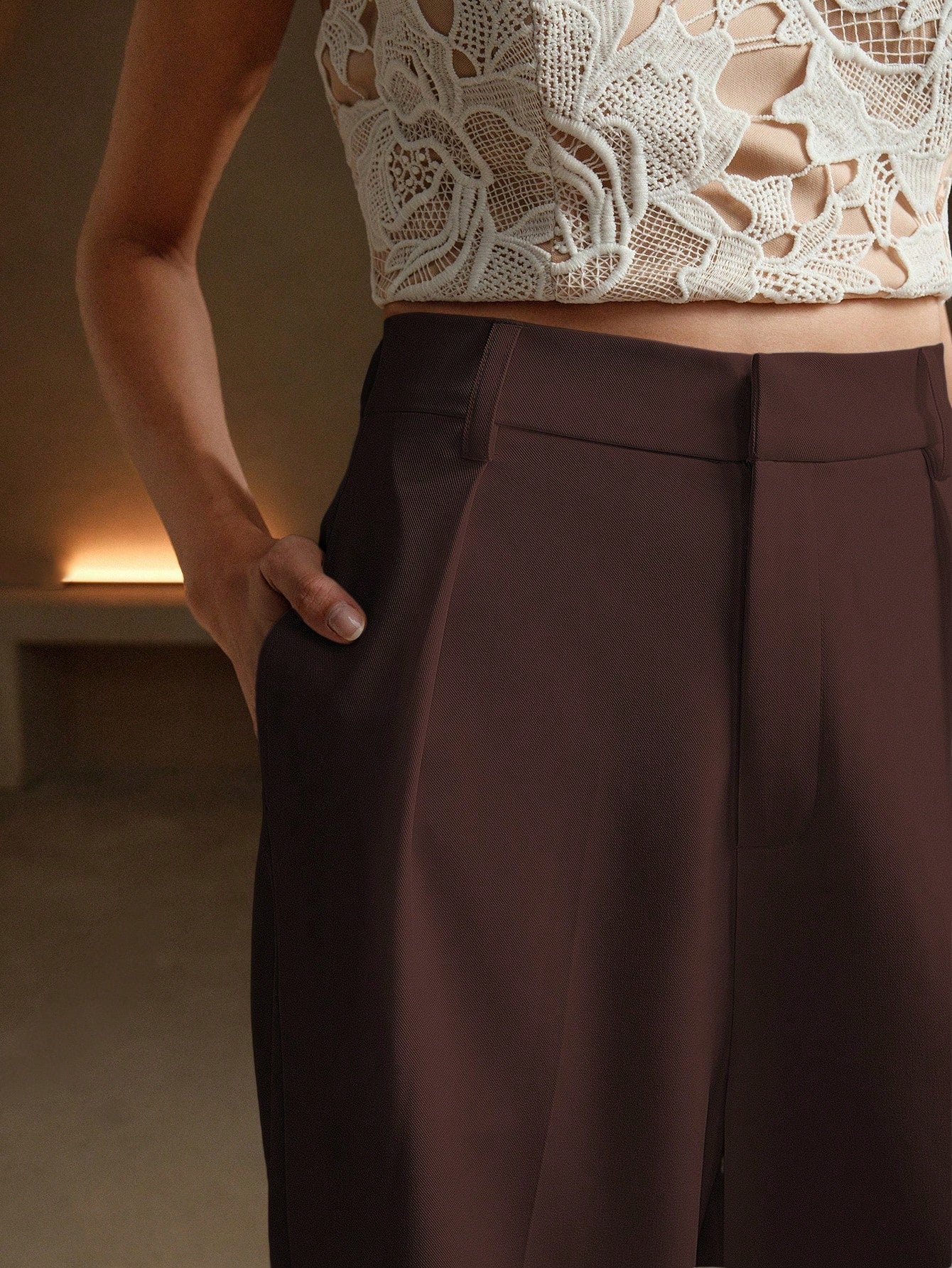Anewsta Calça reta casual de cintura alta, cor sólida