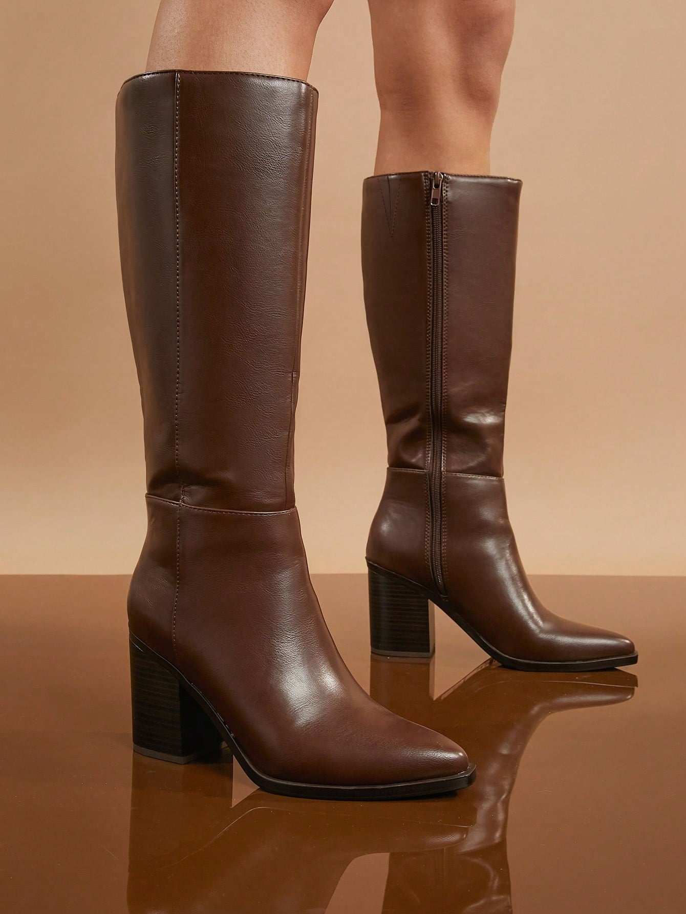 SHUZIA Botas cano alto de salto agulha de cor sólida para mulheres, outono/inverno