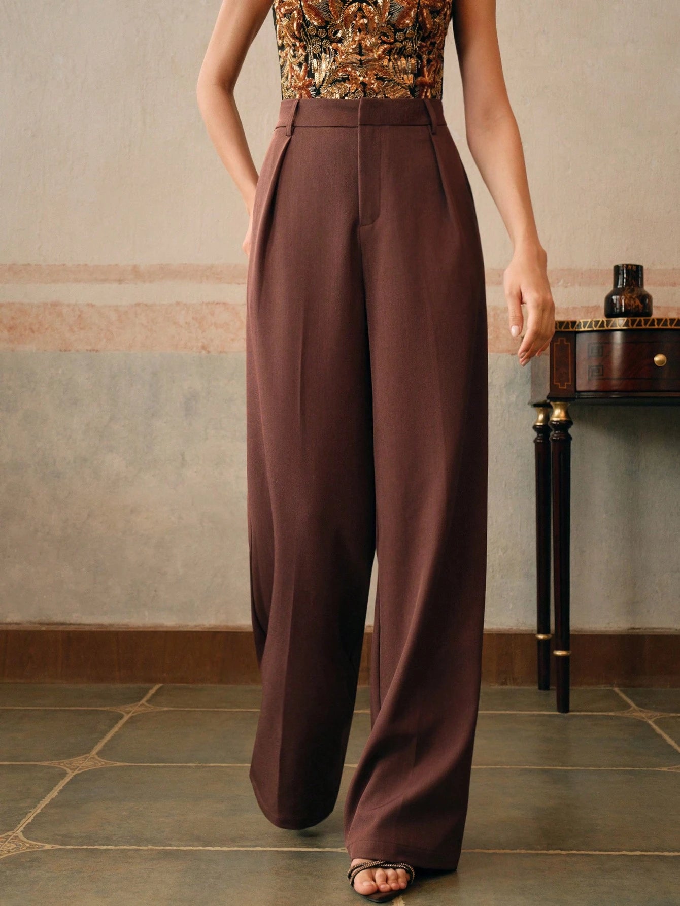 Anewsta Calça reta casual de cintura alta, cor sólida