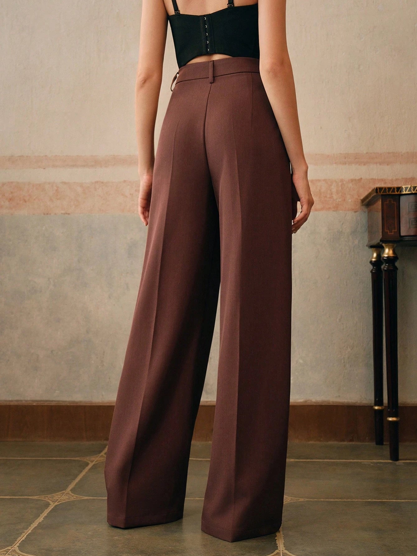 Anewsta Calça reta casual de cintura alta, cor sólida