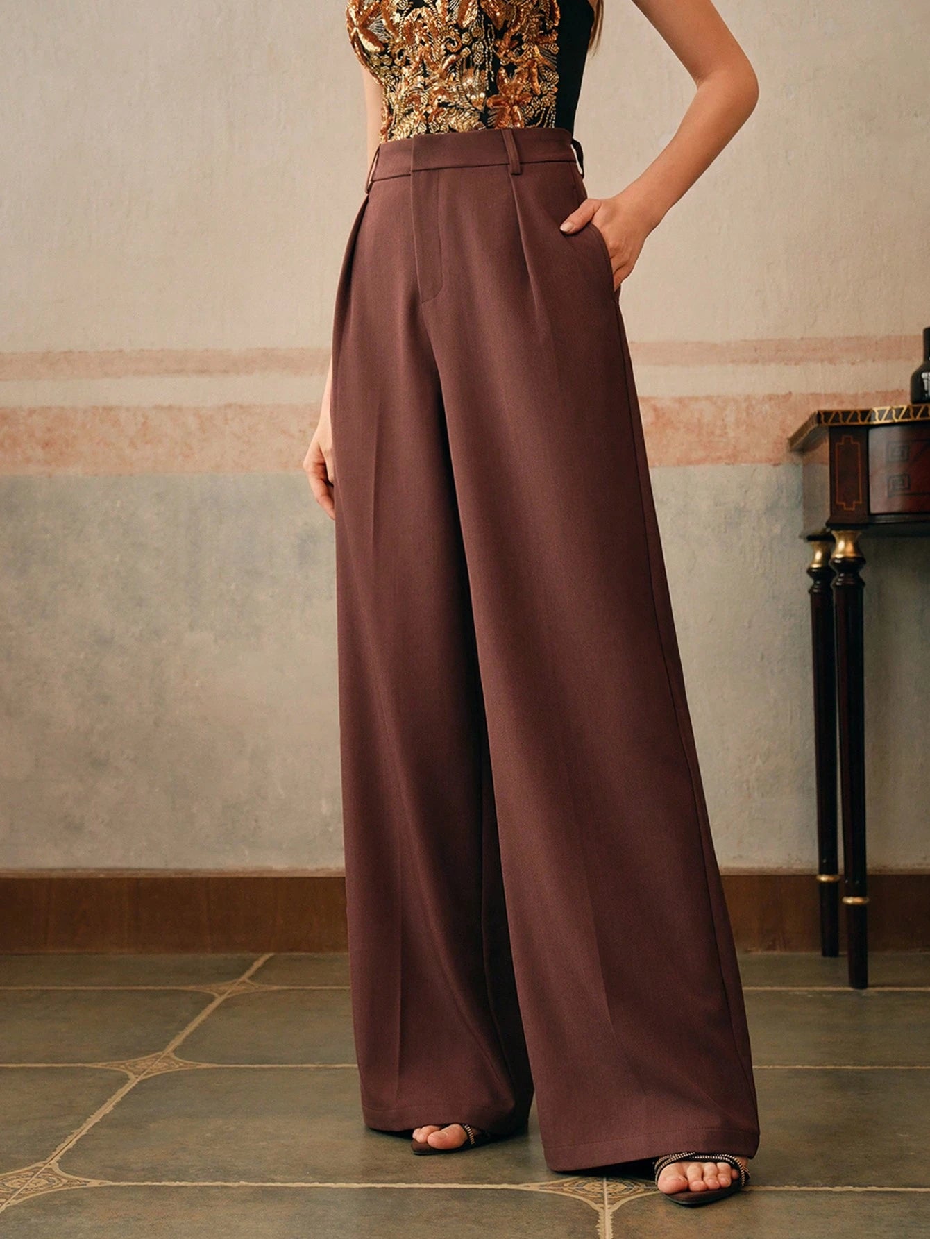Anewsta Calça reta casual de cintura alta, cor sólida