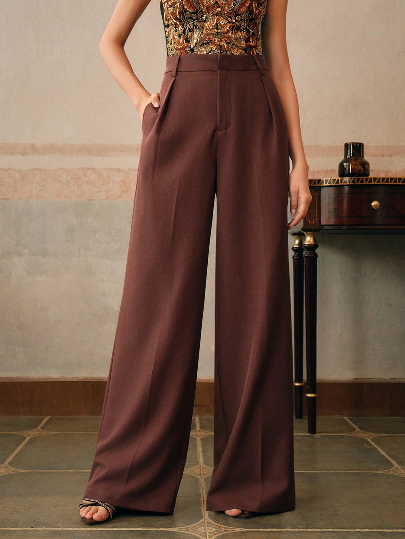 Anewsta Calça reta casual de cintura alta, cor sólida