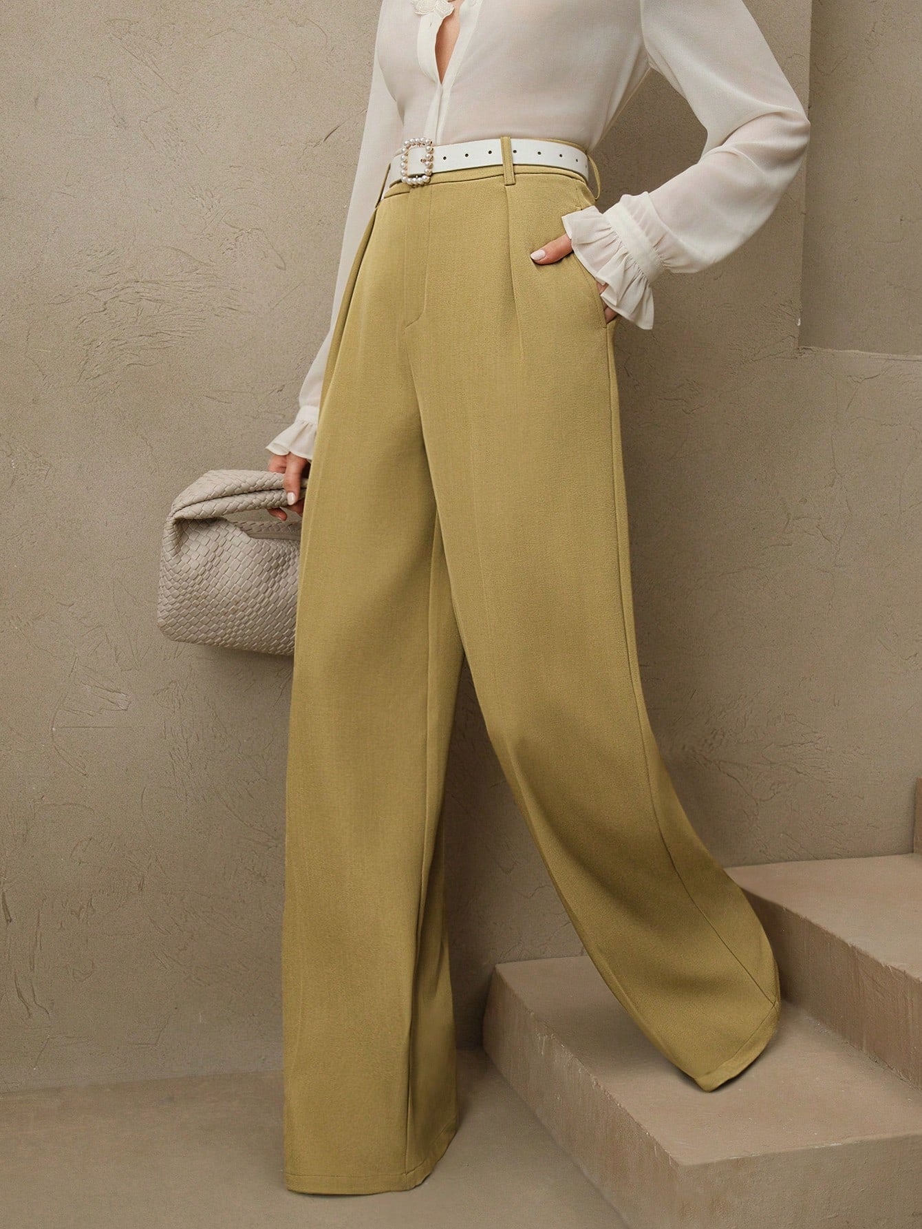 Anewsta Calça reta casual de cintura alta, cor sólida
