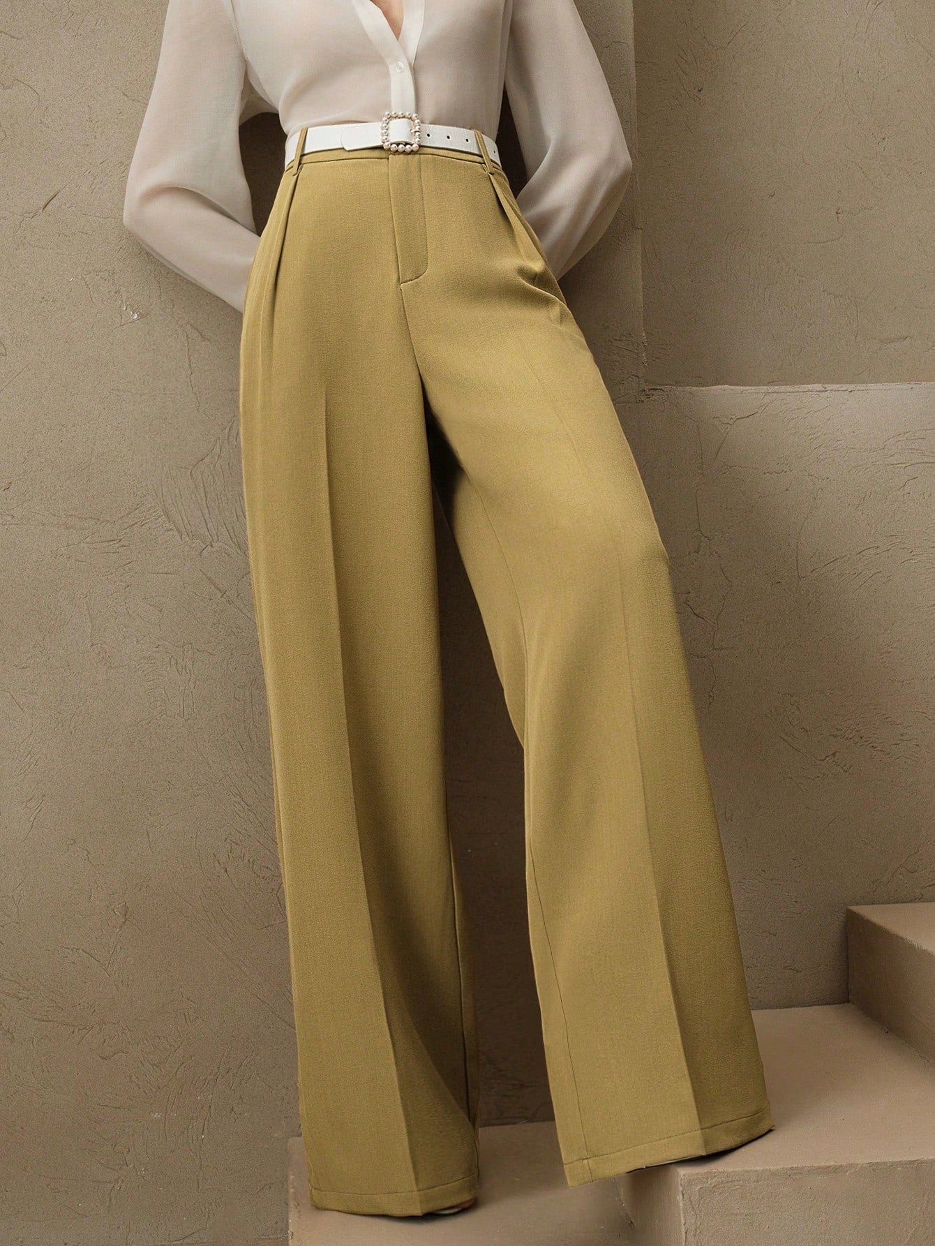 Anewsta Calça reta casual de cintura alta, cor sólida