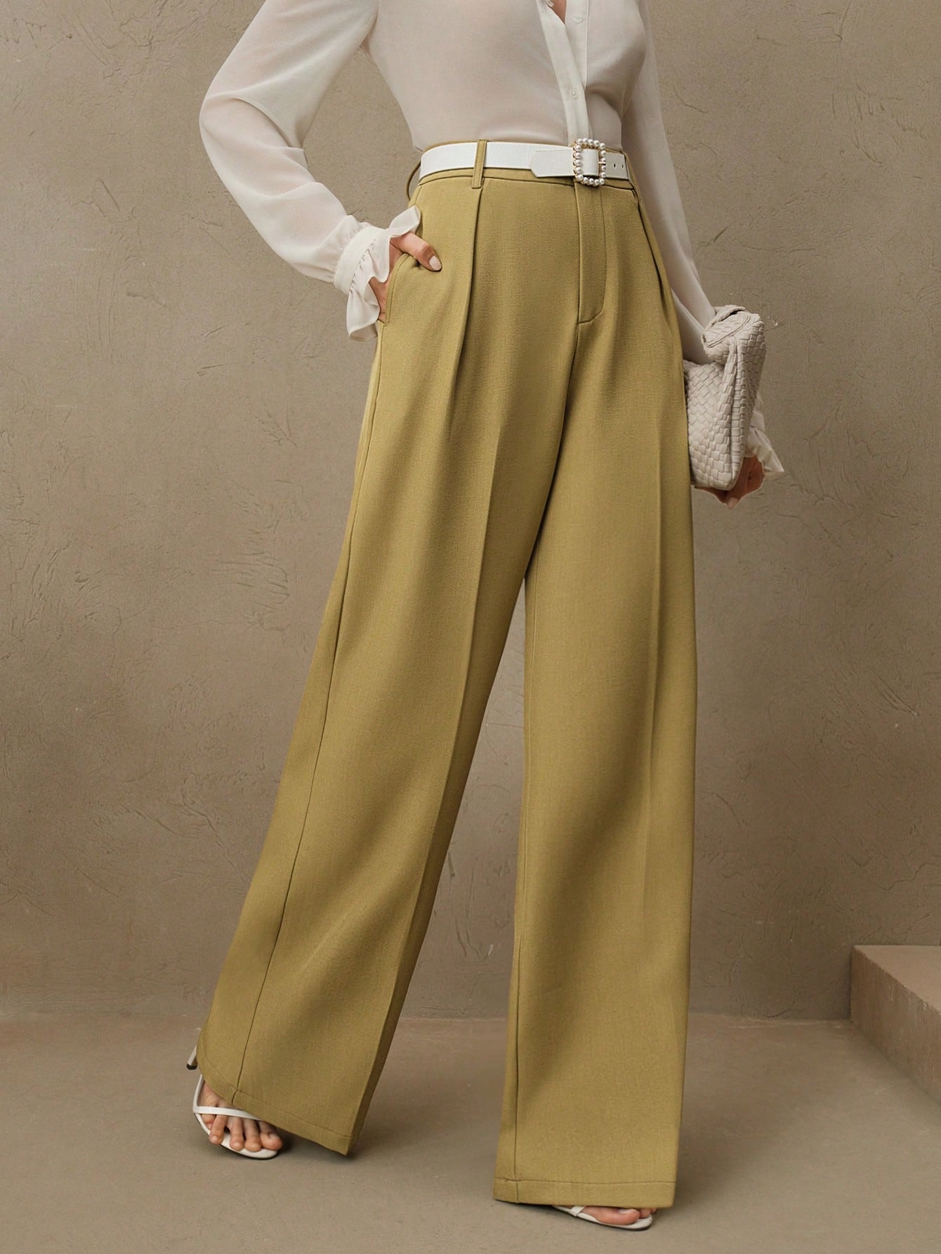 Anewsta Calça reta casual de cintura alta, cor sólida